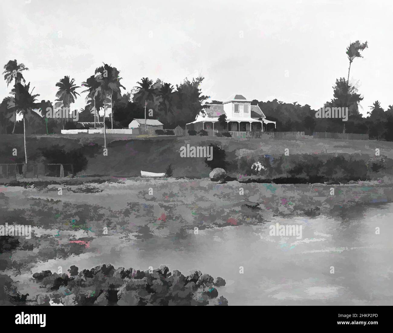 Kunst inspiriert vom Königspalast, Neiafu, Vavau, Tonga, Burton Brothers Studio, Fotostudio, Juli 1884, Neuseeland, Schwarz-Weiß-Fotografie, Felsenvorland im Vordergrund, mit Ebbe und Ruderboot am unteren Rand des Bankenzentrums. Hill Above hat ein zweistöckiges Gebäude im Kolonialstil mit klassischen Werken, die von Artotop mit einem Hauch von Modernität modernisiert wurden. Formen, Farbe und Wert, auffällige visuelle Wirkung auf Kunst. Emotionen durch Freiheit von Kunstwerken auf zeitgemäße Weise. Eine zeitlose Botschaft, die eine wild kreative neue Richtung verfolgt. Künstler, die sich dem digitalen Medium zuwenden und die Artotop NFT erschaffen Stockfoto