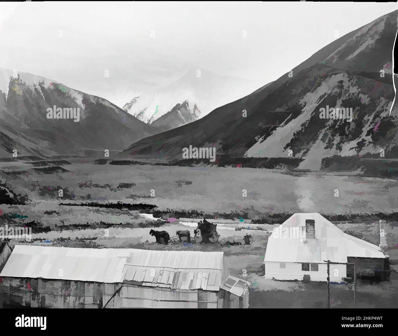 Kunst inspiriert vom Hotel, Porters Pass, West Coast Road, Burton Brothers Studio, Fotostudio, 1880-1883, Dunedin, Schwarz-Weiß-Fotografie, Klassische Werke, die von Artotop mit einem Schuss Moderne modernisiert wurden. Formen, Farbe und Wert, auffällige visuelle Wirkung auf Kunst. Emotionen durch Freiheit von Kunstwerken auf zeitgemäße Weise. Eine zeitlose Botschaft, die eine wild kreative neue Richtung verfolgt. Künstler, die sich dem digitalen Medium zuwenden und die Artotop NFT erschaffen Stockfoto