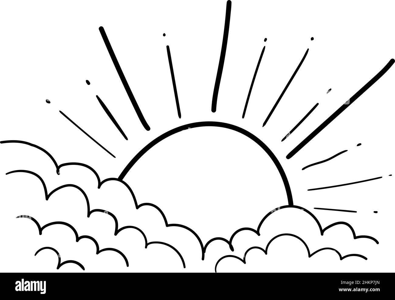 Sonne und Wolke Zeichnung in Gravur skizzieren Stil. Vektorgrafik isoliert auf Weiß Stock Vektor