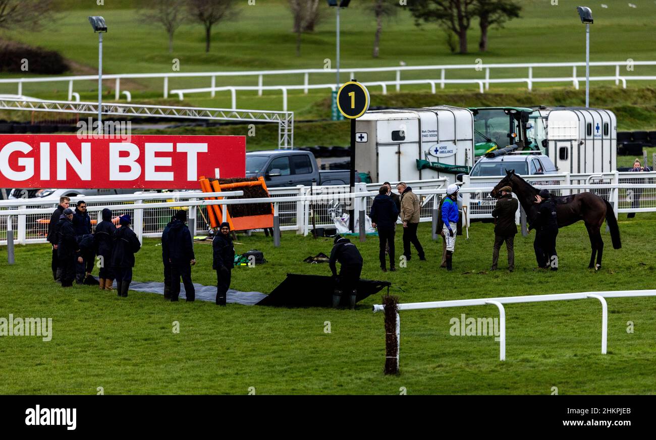 Whydah Gally, der von Jockey Brendan Powell nach einem Sturz bei der letzten Hürde gefahren wurde, steigt während der Handicap-Hürde für Anfänger von Virgin Bet auf der Sandown Park Rennbahn wieder auf. Bilddatum: Samstag, 5. Februar 2022. Stockfoto