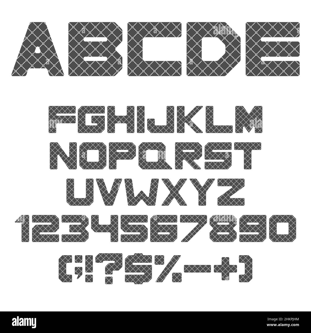 Alphabet, Buchstaben, Zahlen und Zeichen mit Lederpolsterstruktur. Isolierte Vektorobjekte in Schwarzweiß auf weißem Hintergrund. Stock Vektor