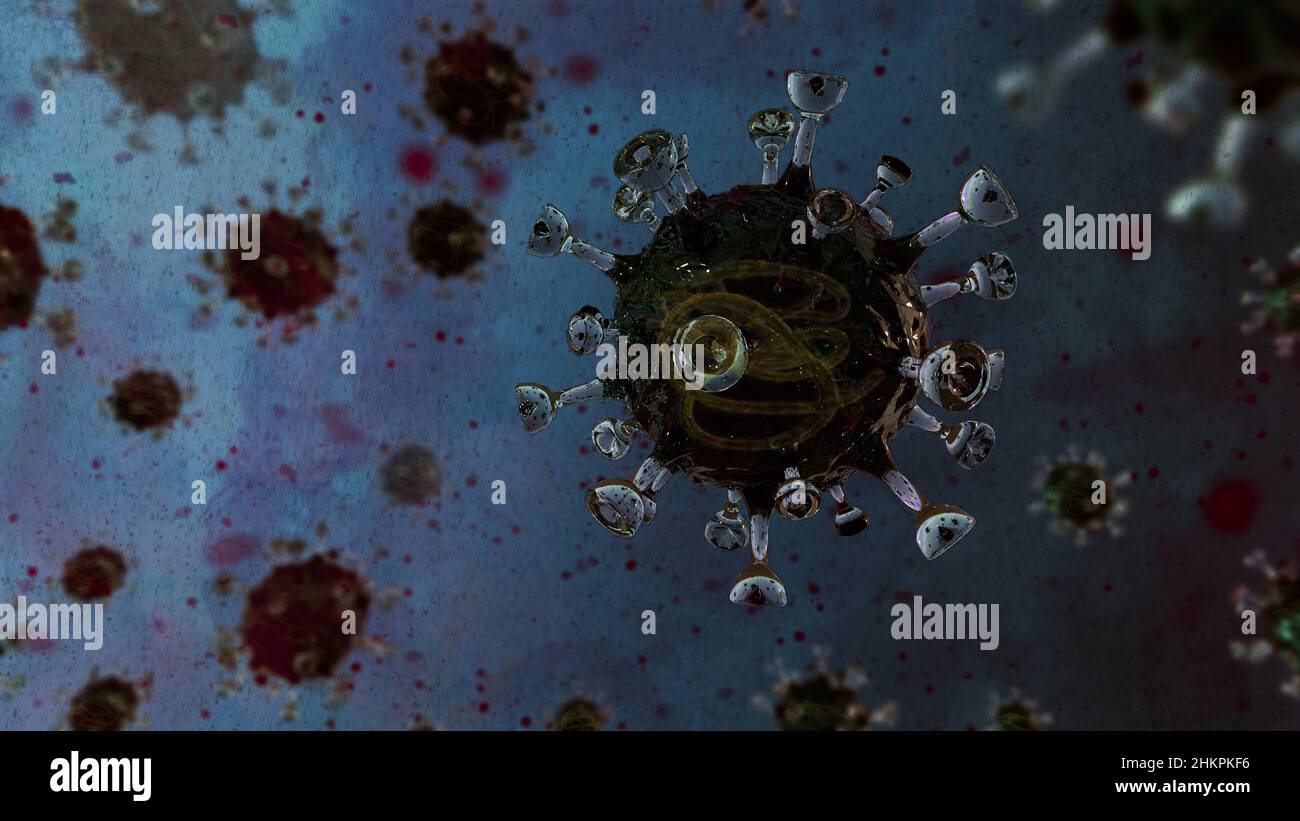 Bild einer mikroskopischen Nahaufnahme des 3D-Konzepts zur Darstellung des COVID-19-Spike-Proteins mit Virus im Inneren. Coronavirus Alfa-, Beta-, Gamma- und Omicron-Varianten Stockfoto Bild einer mikroskopischen Nahaufnahme des 3D-Konzepts zur Darstellung des COVID-19-Spike-Proteins mit Virus im Inneren. Coronavirus Alfa-, Beta-, Gamma- und Omicron-Varianten Stockfoto