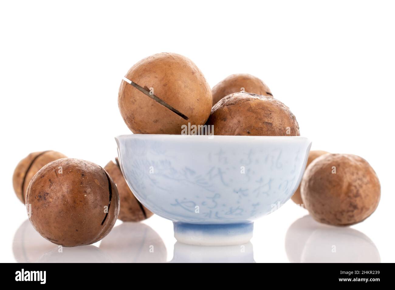 Mehrere ganze ungeschälte Macadamianüsse in einer Keramikschale, Nahaufnahme, isoliert auf Weiß. Stockfoto