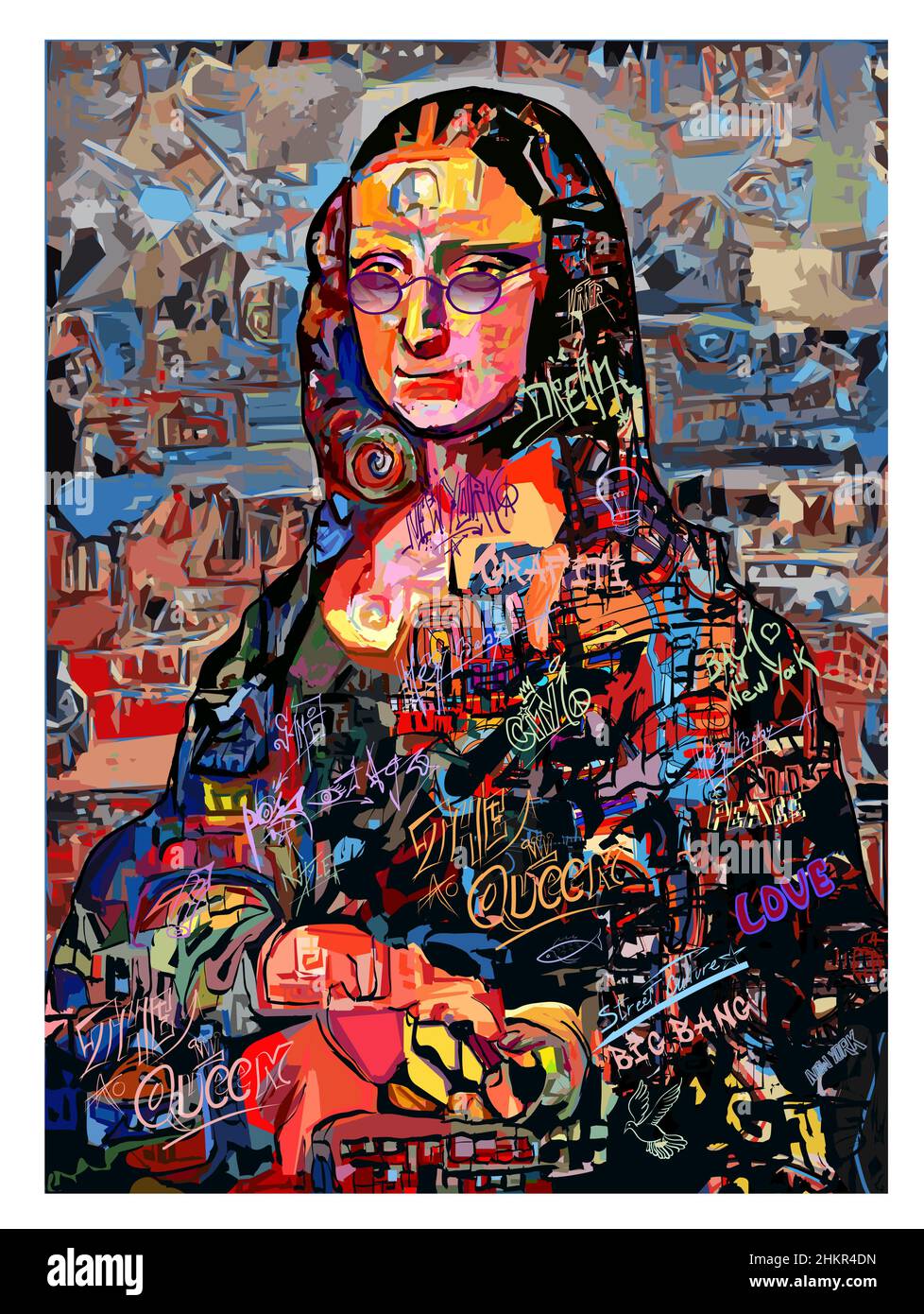 Bunte Interpretation der Mona Lisa von Leonardo da Vinci - Vektorgrafik (ideal zum Bedrucken von Stoff oder Papier, Poster oder Tapeten, Haus Stock Vektor Bunte Interpretation der Mona Lisa von Leonardo da Vinci - Vektorgrafik (ideal zum Bedrucken von Stoff oder Papier, Poster oder Tapeten, Haus Stock Vektor
