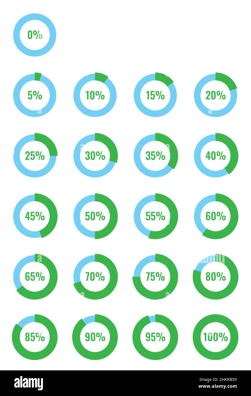 Infografik-Vektorsatz mit Prozentdiagramm-Symbolen 0, 5, 10, 15, 20, 25, 30, 35, 40, 45, 50, 55, 60, 65, 70, 75, 80, 85, 90, 95, 100 Stock Vektor