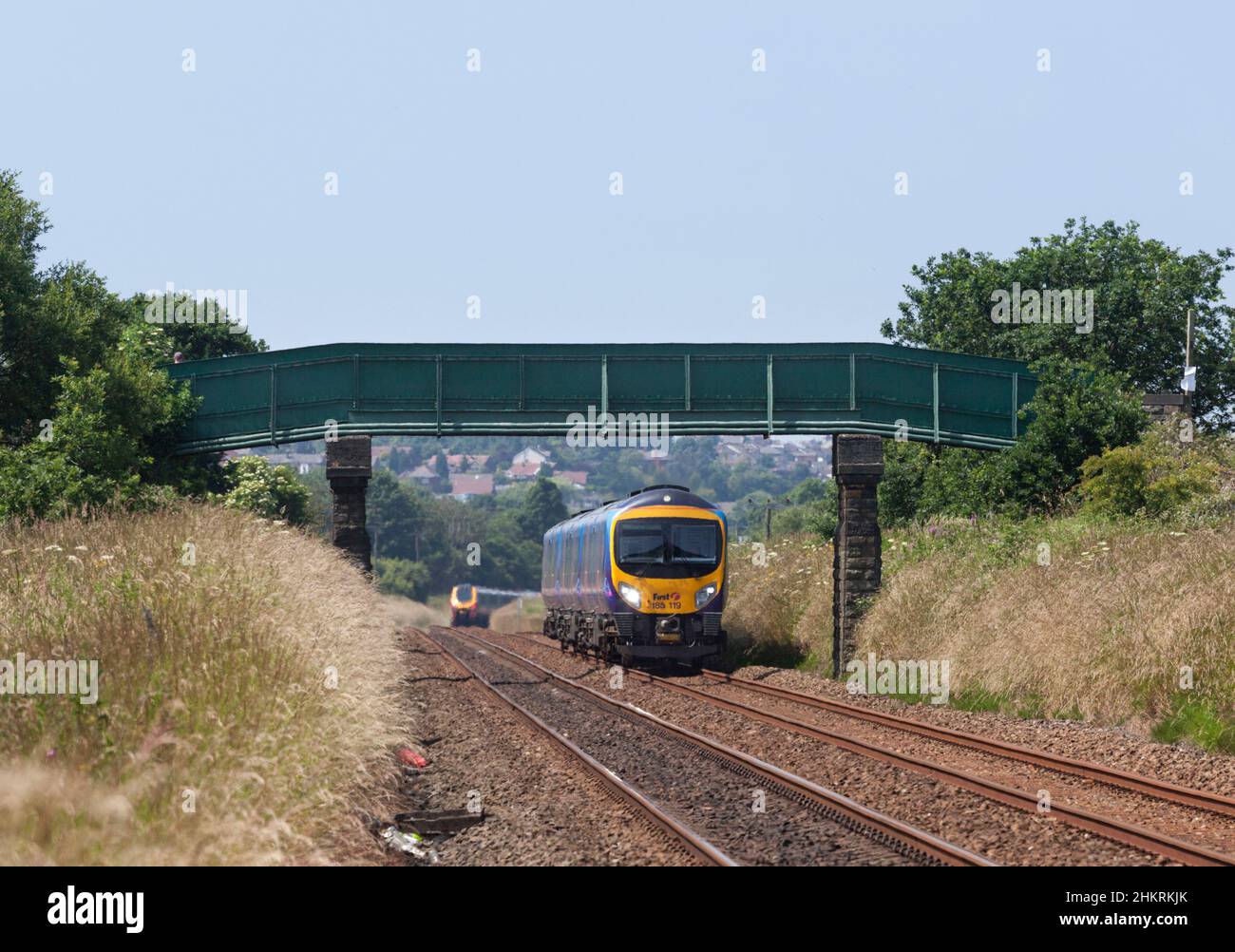 Erster TransPennine Express Siemens Desiro Zug 185 185119 vorbei an Horwich, Lancashire Stockfoto