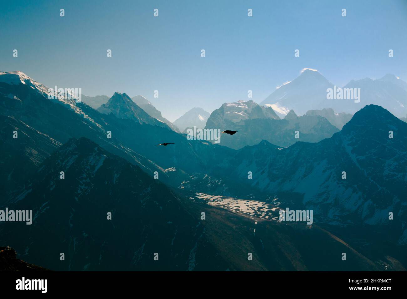 In Führung: Zwei schwarze Raben fliegen das Tal in der Region Khumbu in Nepal hinauf zum Mount Everest - hier mit einer wispigen Wolke um seinen hohen Gipfel Stockfoto