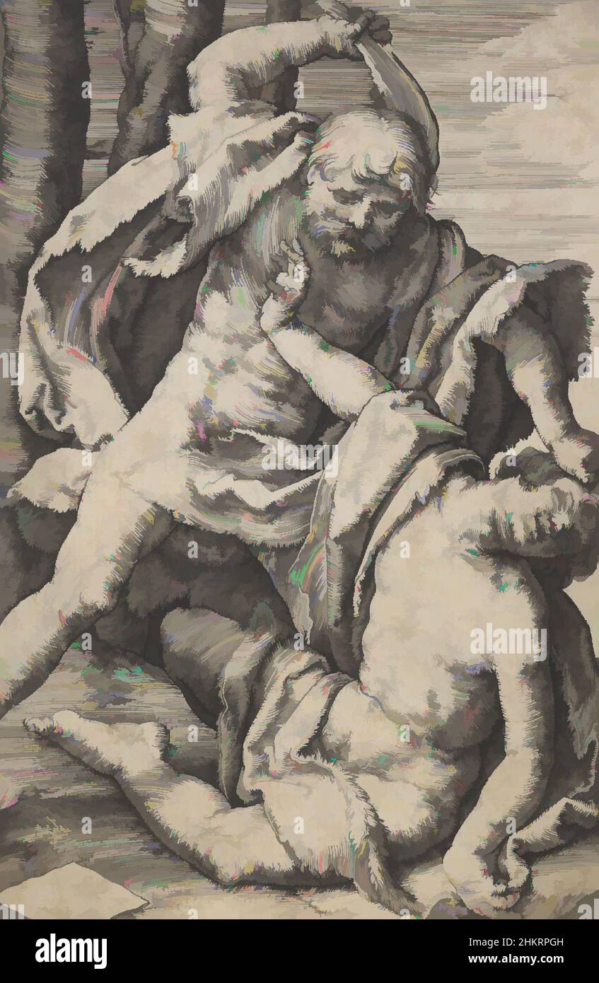 Kunst inspiriert von Cain Killing Abel, Lucas van Leyden, Künstler, 1524, Niederlande, Gravur, geboren in Leiden, war Lucas van Leyden der erste niederländische Kupferstecher, der zu Lebzeiten große Anerkennung erbrachte. Er machte etwa 200 Drucke, meist Stiche, aber auch Holzschnitte und ein paar Radierungen, klassische Werke, die von Artotop mit einem Schuss Moderne modernisiert wurden. Formen, Farbe und Wert, auffällige visuelle Wirkung auf Kunst. Emotionen durch Freiheit von Kunstwerken auf zeitgemäße Weise. Eine zeitlose Botschaft, die eine wild kreative neue Richtung verfolgt. Künstler, die sich dem digitalen Medium zuwenden und die Artotop NFT erschaffen Stockfoto