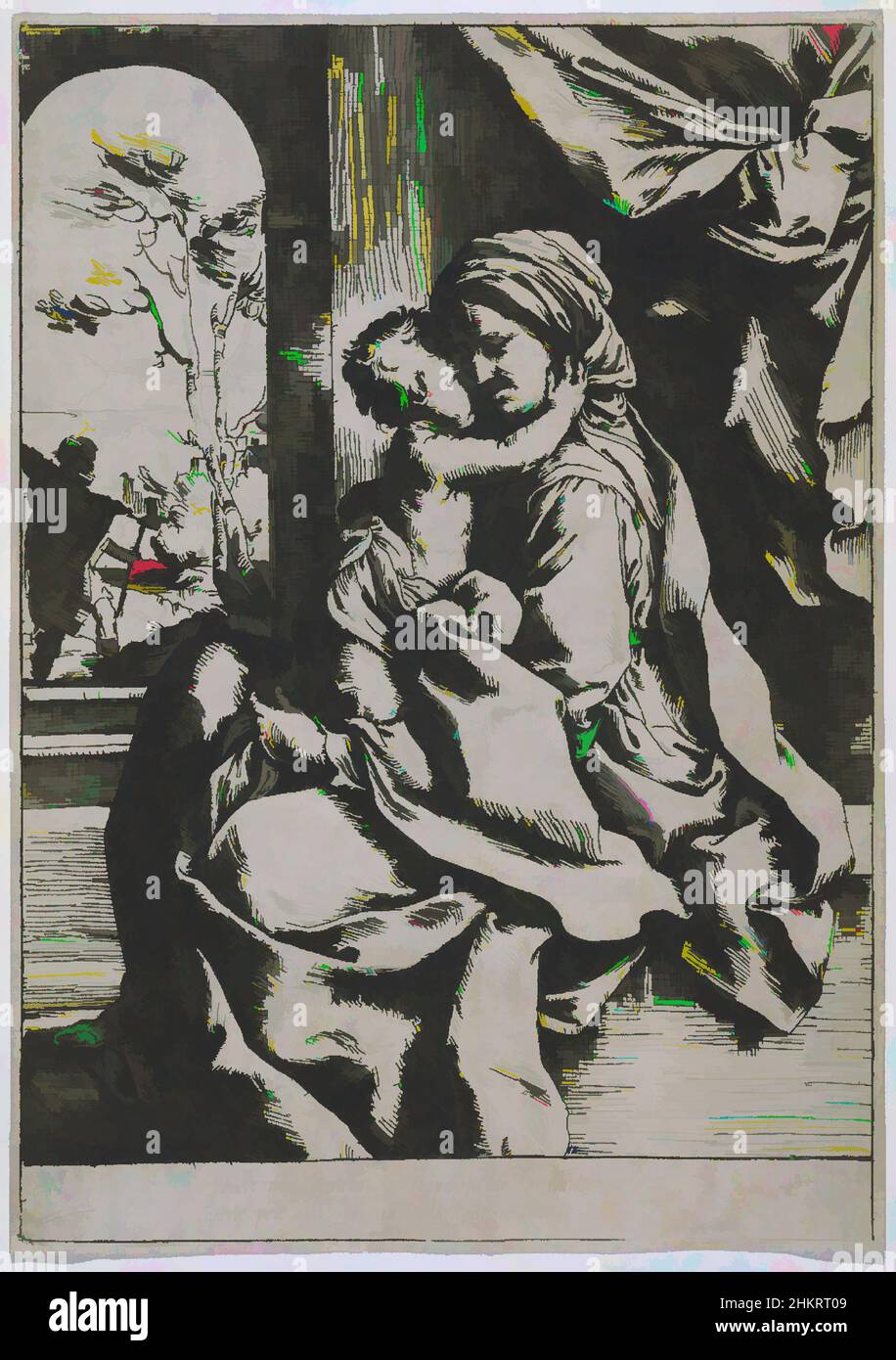 Kunst inspiriert von der Jungfrau sitzend mit dem Christkind, Guido Reni, 1600-1613, Radierung, Diese Radierung, Gezeichnet und gedruckt vom berühmten Bologneser Künstler Guido Reni (1575-1642), verkörpert er mit seiner kompositorischen Klarheit und stark religiösen Botschaft den frühen Barock. Es ist, Classic Works modernisiert von Artotop mit einem Schuss Moderne. Formen, Farbe und Wert, auffällige visuelle Wirkung auf Kunst. Emotionen durch Freiheit von Kunstwerken auf zeitgemäße Weise. Eine zeitlose Botschaft, die eine wild kreative neue Richtung verfolgt. Künstler, die sich dem digitalen Medium zuwenden und die Artotop NFT erschaffen Stockfoto