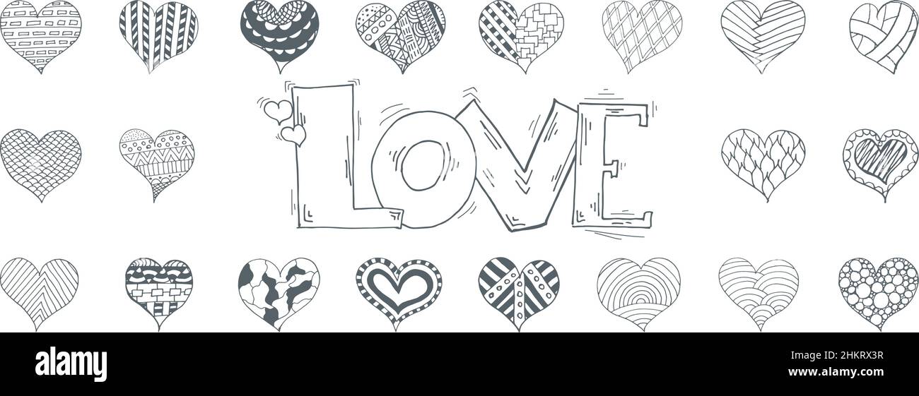 Set von Ikonen der Herzen für den Valentinstag. Doodle-Elemente. Stockfoto