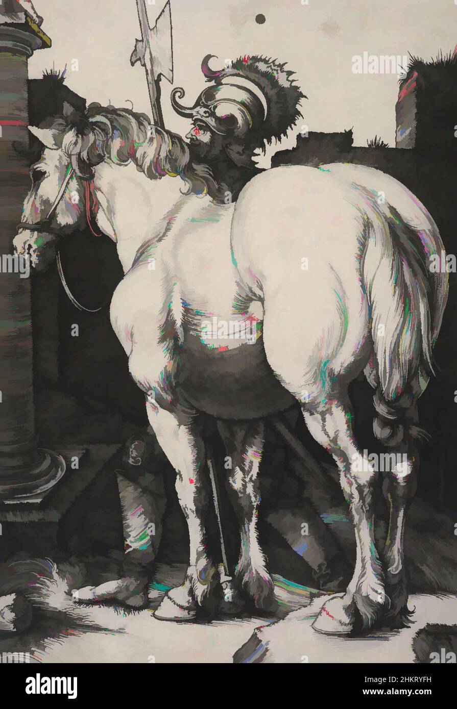 Vom großen Pferd inspirierte Kunst. Albrecht Dürer, Künstler, 1505, Deutschland, Die Gravur, aber auch die menschliche Figur, die Pferde spielten eine wichtige Rolle in Albrecht Dürers lebenslanger Obsession mit der idealen Schönheit und Proportionen. Hier rivalisert er mit Meistern der italienischen Renaissance wie Pisanello, von Artotop modernisierte klassische Werke mit einem Schuss Moderne. Formen, Farbe und Wert, auffällige visuelle Wirkung auf Kunst. Emotionen durch Freiheit von Kunstwerken auf zeitgemäße Weise. Eine zeitlose Botschaft, die eine wild kreative neue Richtung verfolgt. Künstler, die sich dem digitalen Medium zuwenden und die Artotop NFT erschaffen Stockfoto