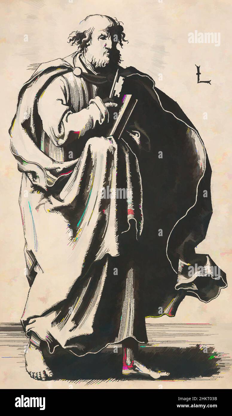 Kunst inspiriert von St. Peter, aus der Serie: Christ, Paul and the Twelve Apostles, Lucas van Leyden, Künstler, um 1510, Niederlande, Gravur, geboren in Leiden, war Lucas van Leyden der erste niederländische Kupferstecher, der zu Lebzeiten große Anerkennung erbrachte. Er machte etwa 200 Drucke, Classic Works modernisiert von Artotop mit einem Schuss Moderne. Formen, Farbe und Wert, auffällige visuelle Wirkung auf Kunst. Emotionen durch Freiheit von Kunstwerken auf zeitgemäße Weise. Eine zeitlose Botschaft, die eine wild kreative neue Richtung verfolgt. Künstler, die sich dem digitalen Medium zuwenden und die Artotop NFT erschaffen Stockfoto