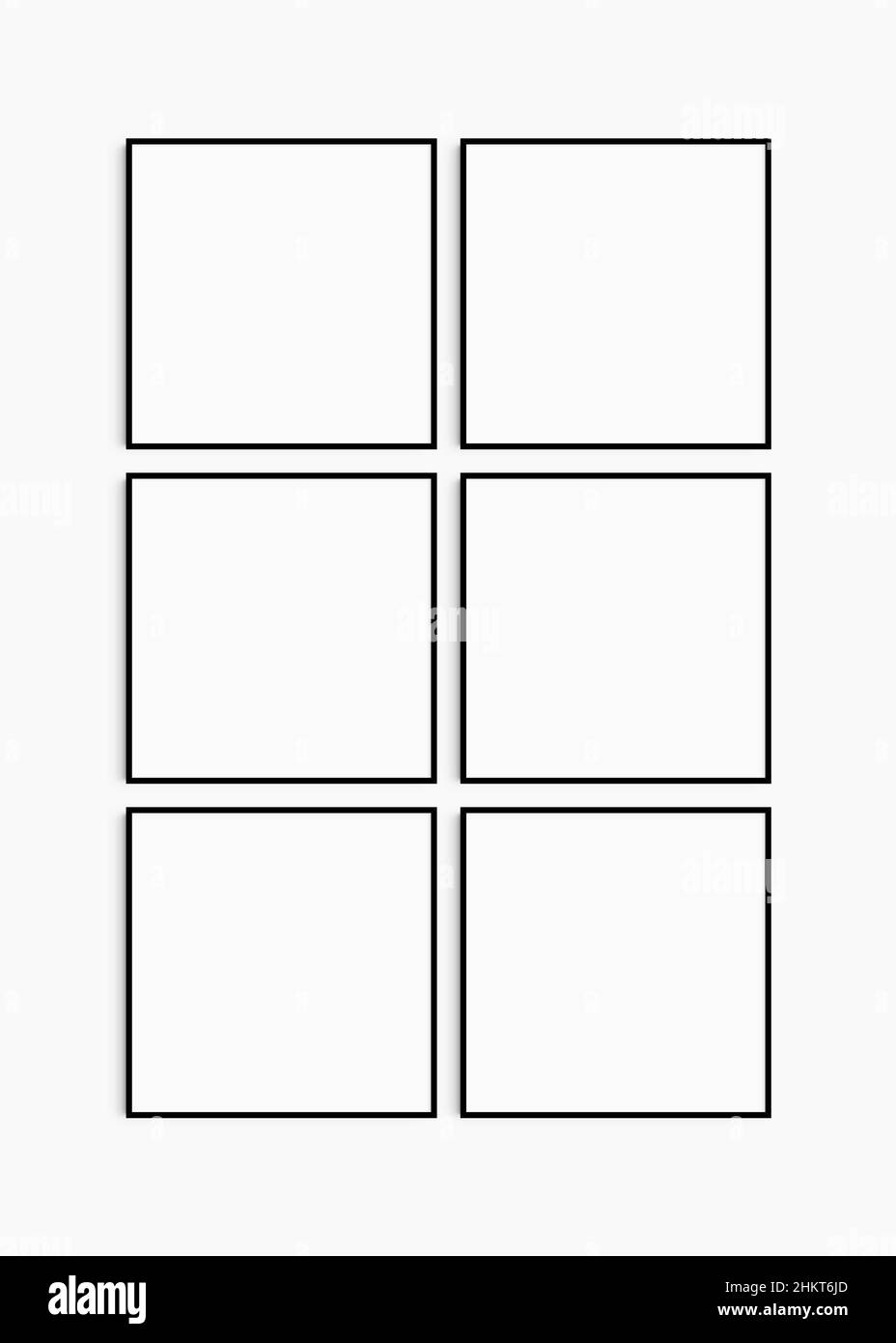 Rahmenmodell 1:1 quadratisch. Set aus sechs dünnen schwarzen quadratischen Rahmen. Sauber, modern, minimalistisch, helle Galerie Wandmockup, Satz von 6 Rahmen. Stockfoto