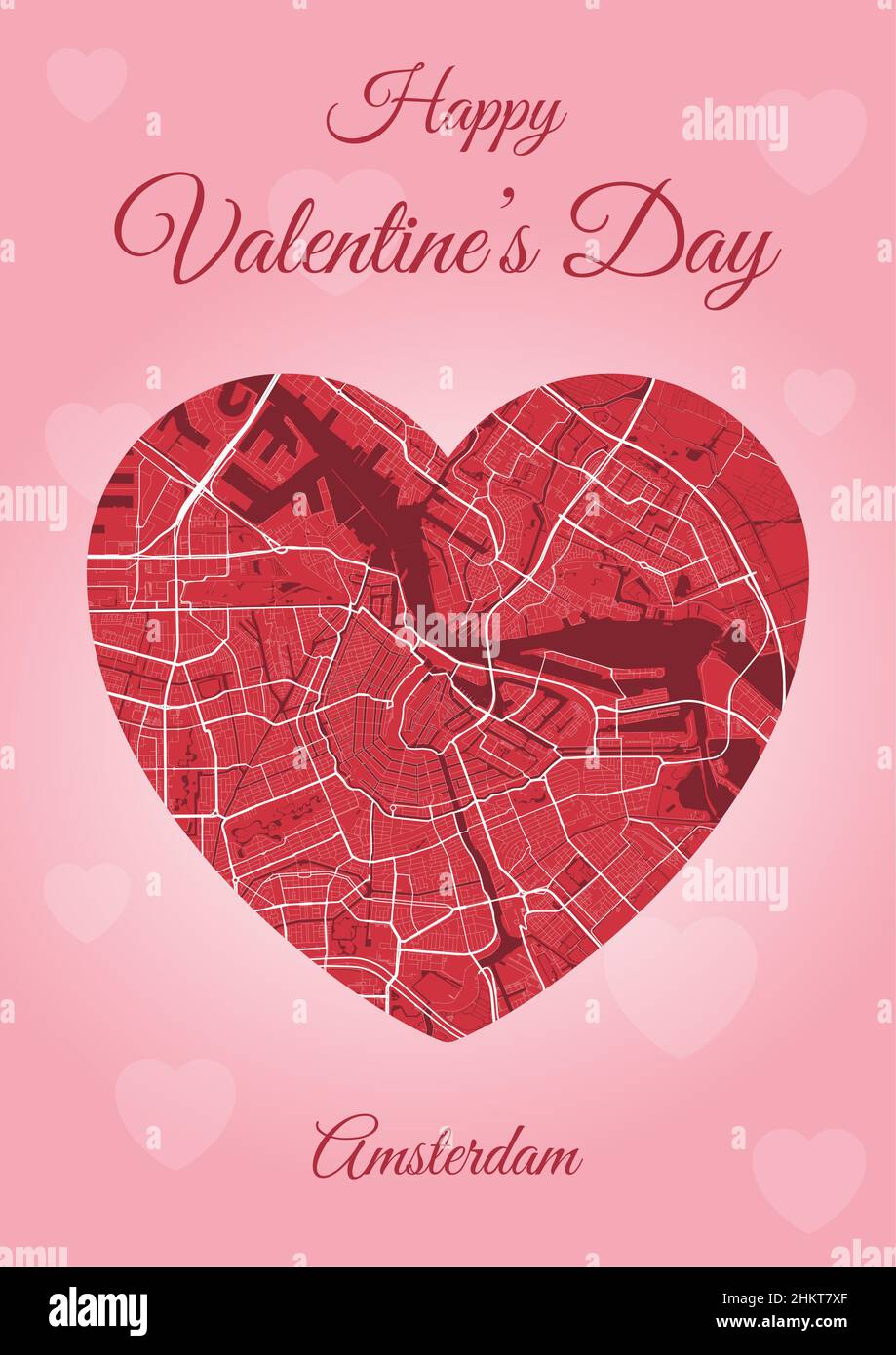 Happy Valentine's Day Weihnachtskarte mit Amsterdam Karte in Herzform. Vertikale A4 Rosa und rote Farbvektordarstellung. Ich liebe City travel City Scape. Stock Vektor