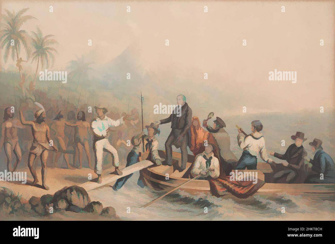 Kunst inspiriert durch den Empfang von Pfarrer J. Williams in Tanna in der Südsee, am Tag vor seiner Massakrierung, George Baxter, Künstler, 1841, England, Klassische Werke, die von Artotop mit einem Hauch von Moderne modernisiert wurden. Formen, Farbe und Wert, auffällige visuelle Wirkung auf Kunst. Emotionen durch Freiheit von Kunstwerken auf zeitgemäße Weise. Eine zeitlose Botschaft, die eine wild kreative neue Richtung verfolgt. Künstler, die sich dem digitalen Medium zuwenden und die Artotop NFT erschaffen Stockfoto