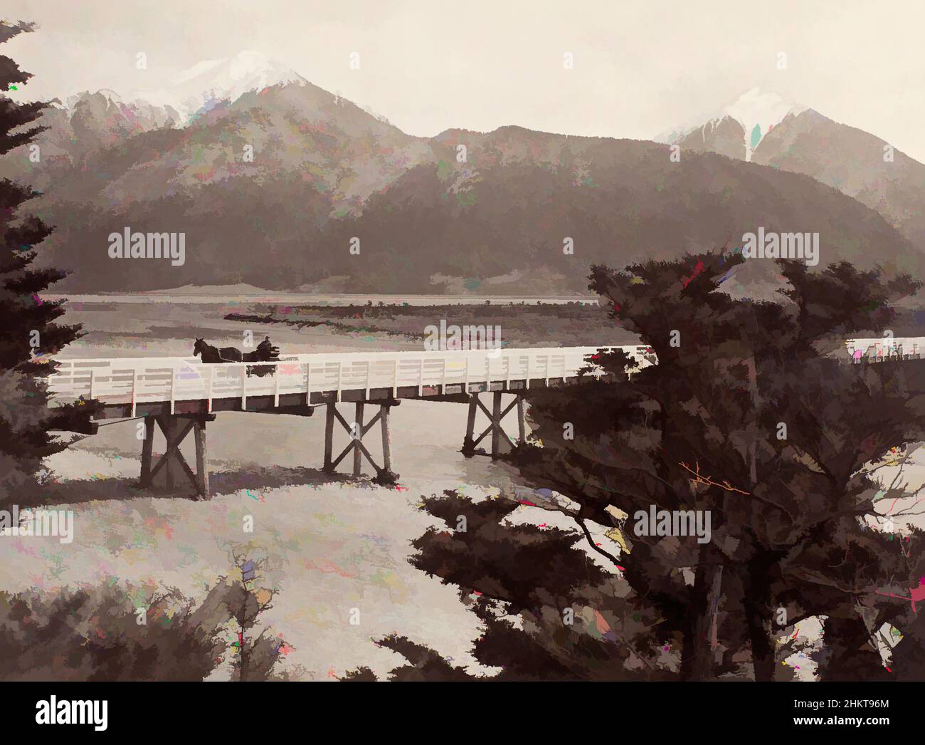 Kunst inspiriert von Upper Waimakariri Bridge, West Coast Road, Burton Brothers Studio, Fotostudio, 1880s, Dunedin, Schwarz-Weiß-Fotografie, Klassische Werke, die von Artotop mit einem Schuss Moderne modernisiert wurden. Formen, Farbe und Wert, auffällige visuelle Wirkung auf Kunst. Emotionen durch Freiheit von Kunstwerken auf zeitgemäße Weise. Eine zeitlose Botschaft, die eine wild kreative neue Richtung verfolgt. Künstler, die sich dem digitalen Medium zuwenden und die Artotop NFT erschaffen Stockfoto