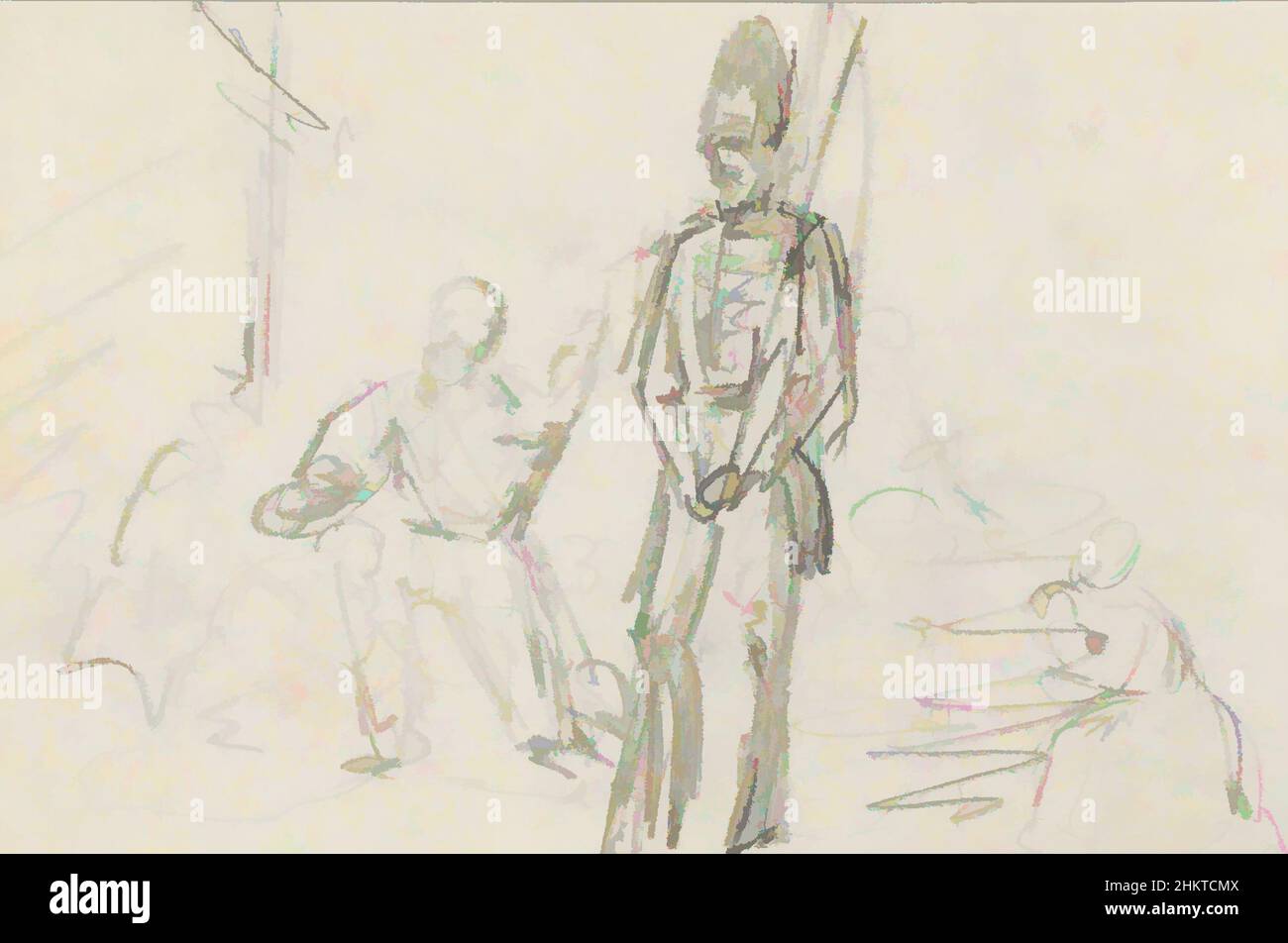 Kunst, die vermutlich von dem Soldaten inspiriert wurde, trägt ein Banner. Im Hintergrund ein Kreuz. Kniende Figuren eines Soldaten, Classic Works modernisiert von Artotop mit einem Schuss Moderne. Formen, Farbe und Wert, auffällige visuelle Wirkung auf Kunst. Emotionen durch Freiheit von Kunstwerken auf zeitgemäße Weise. Eine zeitlose Botschaft, die eine wild kreative neue Richtung verfolgt. Künstler, die sich dem digitalen Medium zuwenden und die Artotop NFT erschaffen Stockfoto