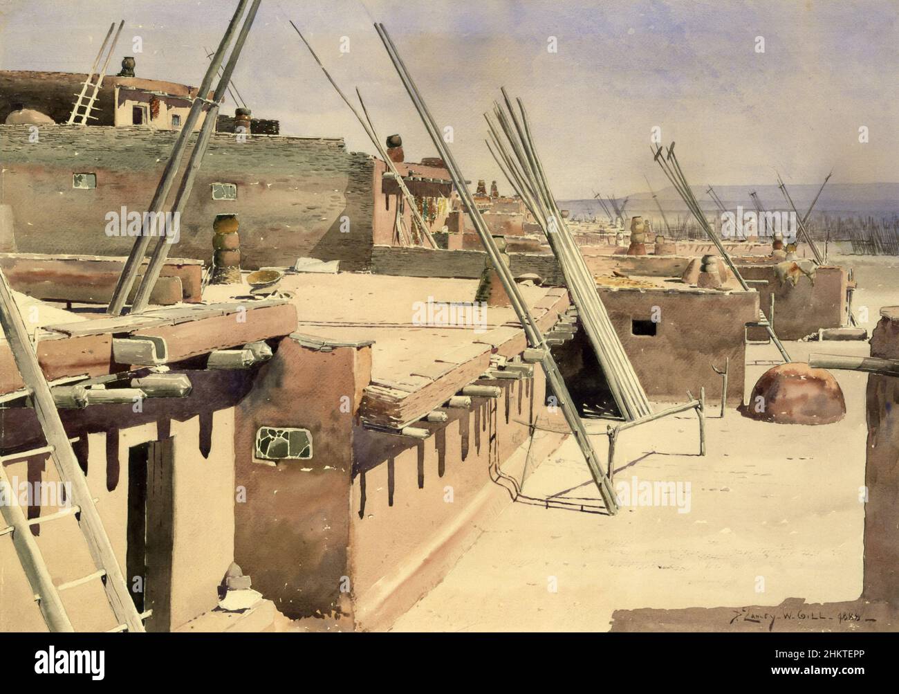 Aquarellmalerei ca. 1888 von De Lancey Gill von einer Straße und adobe-Wohnungen im Pueblo von Zuni, New Mexico, USA Stockfoto