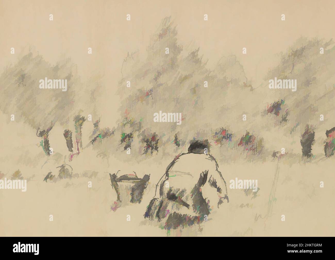 Kunst inspiriert von dem Mann kniet auf dem Feld. Neben ihm steht ein Korb. Seite 3 Mann, der Kartoffeln auf einem Feld erntet, klassische Werke, die von Artotop mit einem Schuss Moderne modernisiert wurden. Formen, Farbe und Wert, auffällige visuelle Wirkung auf Kunst. Emotionen durch Freiheit von Kunstwerken auf zeitgemäße Weise. Eine zeitlose Botschaft, die eine wild kreative neue Richtung verfolgt. Künstler, die sich dem digitalen Medium zuwenden und die Artotop NFT erschaffen Stockfoto