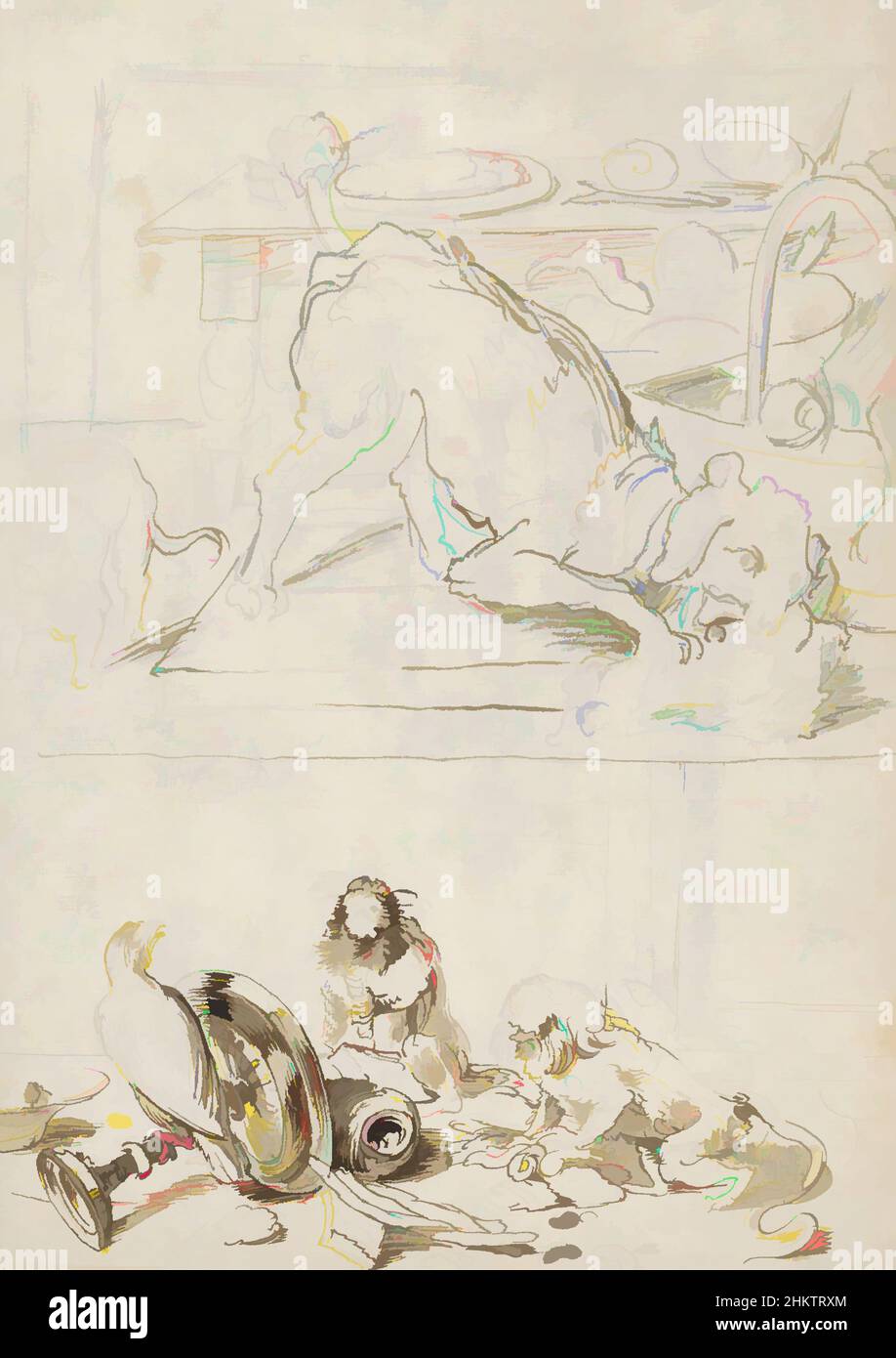 Kunst inspiriert von einer Szene mit einer Katze, die auf einen Hund bläst und ein Stück Nahrung an einem Küchentisch isst. Studie von zwei Affen und einem Vogel, der über eine Vase, eine Schüssel und mehrere kleinere Objekte auf einem Tisch geklopft hat. Zwei tierische Stücke, Classic Works modernisiert von Artotop mit einem Schuss Modernität. Formen, Farbe und Wert, auffällige visuelle Wirkung auf Kunst. Emotionen durch Freiheit von Kunstwerken auf zeitgemäße Weise. Eine zeitlose Botschaft, die eine wild kreative neue Richtung verfolgt. Künstler, die sich dem digitalen Medium zuwenden und die Artotop NFT erschaffen Stockfoto