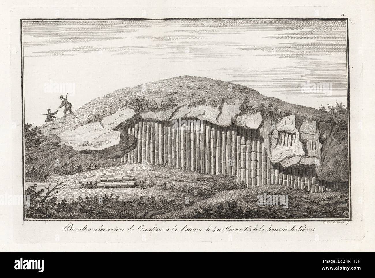 Basaltsäulen etwa vier Meilen nördlich von Giant's Causeway, Antrim, Nordirland. Basaltes colonnaires de Gauliac a la distance de 4 Milles au Nord de la chaussee des Geans. Kupferstich von Gaetano Riboldi aus der Traite sur la Structure Exterieur du Globe von Scipion Breislak, Abhandlung über die Außenstruktur des Globen, Jean-Pierre Giegler, Mailand, 1822. Stockfoto