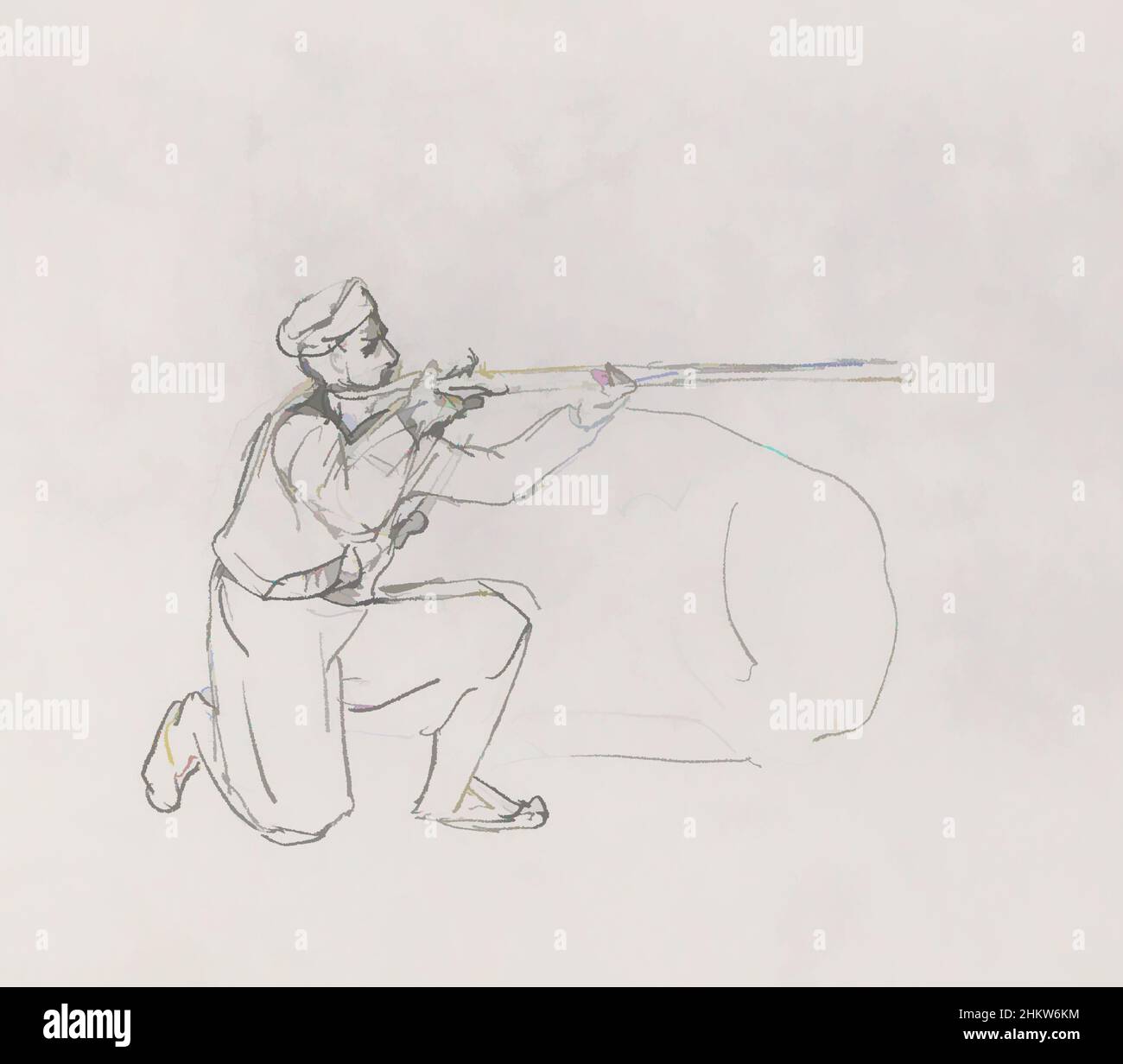 Kunst inspiriert von kniendem Soldaten mit einer Waffe, Classic Works modernisiert von Artotop mit einem Schuss Moderne. Formen, Farbe und Wert, auffällige visuelle Wirkung auf Kunst. Emotionen durch Freiheit von Kunstwerken auf zeitgemäße Weise. Eine zeitlose Botschaft, die eine wild kreative neue Richtung verfolgt. Künstler, die sich dem digitalen Medium zuwenden und die Artotop NFT erschaffen Stockfoto