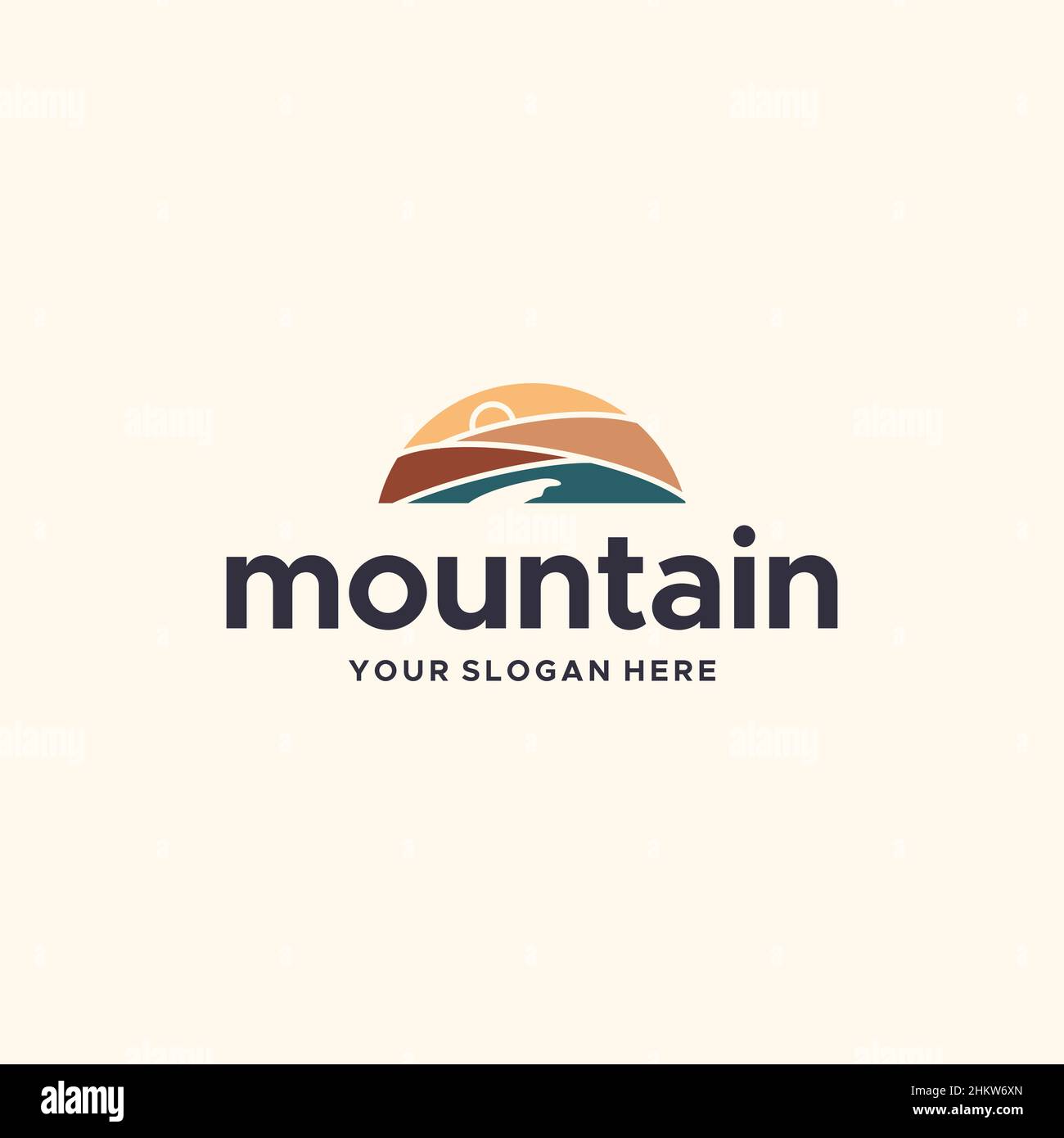 Modernes Berghügel-Sonnenaufgangsgarten Logo-Design Stock Vektor