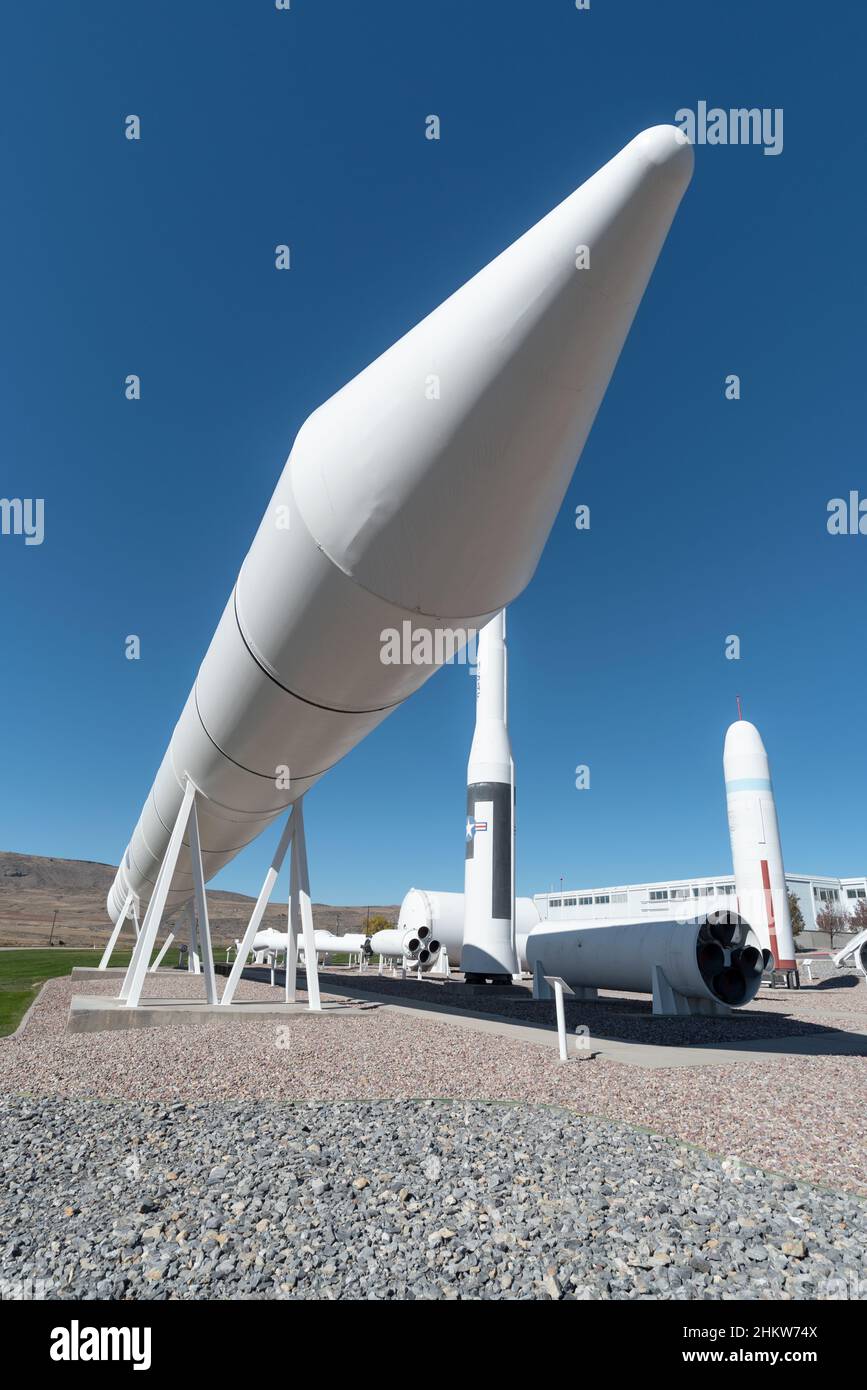 Raketen werden im Northrop Grumman Rocket Garden, Corrine, Utah, ausgestellt. Stockfoto