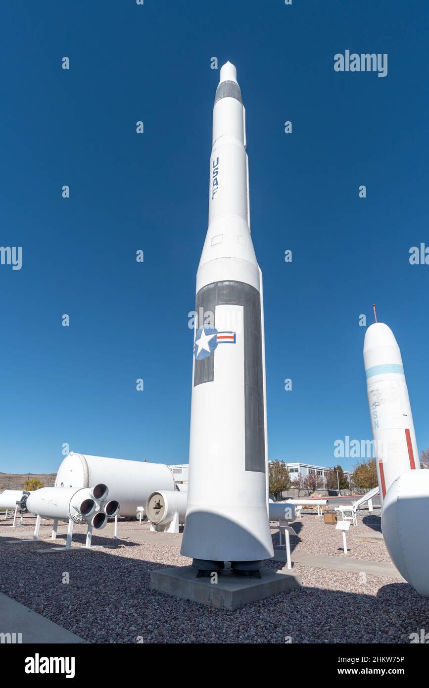 Raketen werden im Northrop Grumman Rocket Garden, Corrine, Utah, ausgestellt. Stockfoto
