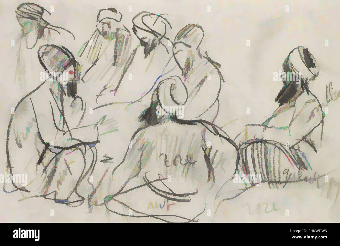 Kunst inspiriert von den Männern sind in einem Halbkreis und kann reden. Sitzende orientalische Männer Türkei, Classic Works modernisiert von Artotop mit einem Schuss Moderne. Formen, Farbe und Wert, auffällige visuelle Wirkung auf Kunst. Emotionen durch Freiheit von Kunstwerken auf zeitgemäße Weise. Eine zeitlose Botschaft, die eine wild kreative neue Richtung verfolgt. Künstler, die sich dem digitalen Medium zuwenden und die Artotop NFT erschaffen Stockfoto