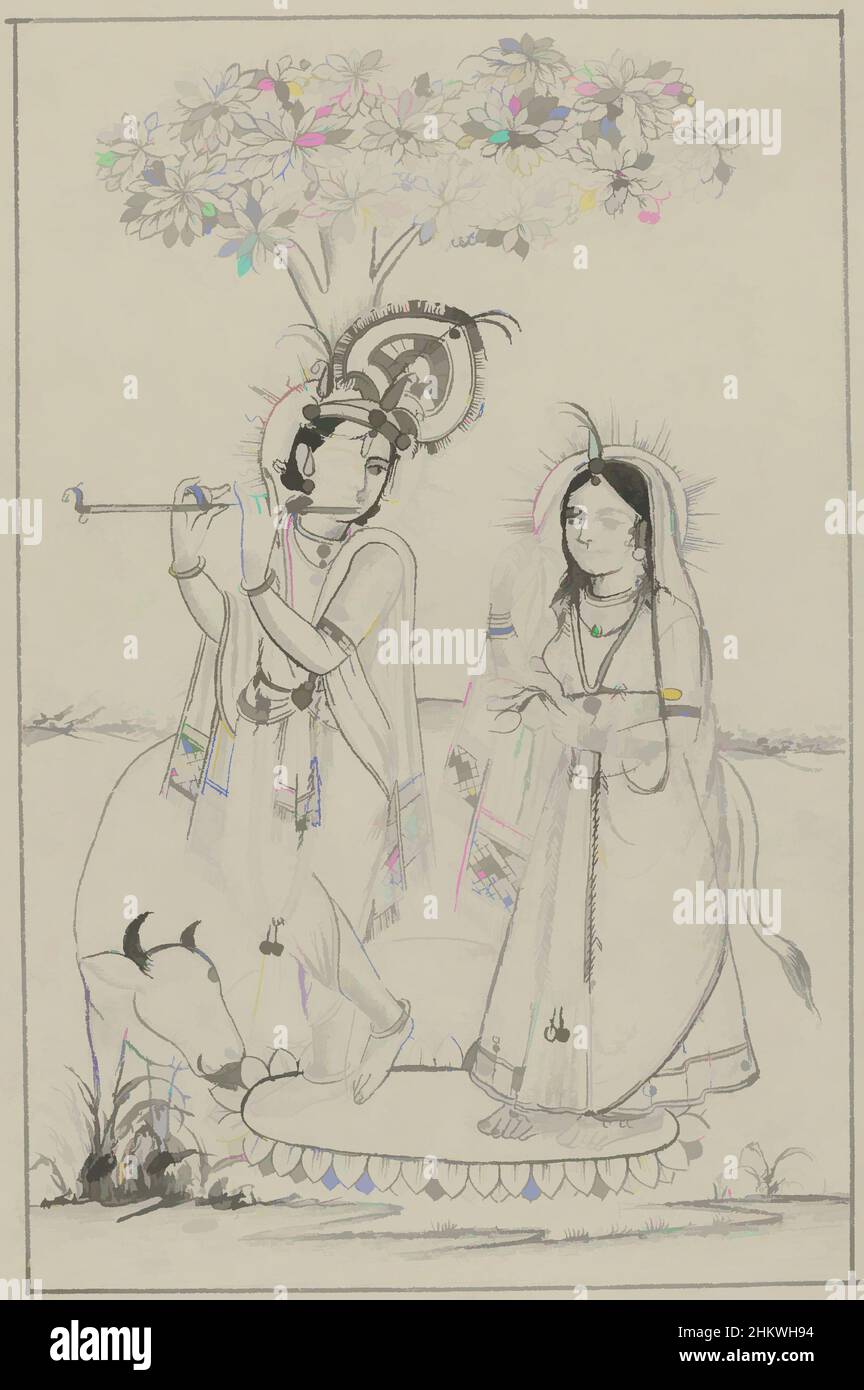 Von Krishna inspirierte Kunst, die eine Flöte spielt, und Radha, Krishna und Radha stehen auf einem Lotusteppich bei einem Baum zusammen, Krishna spielt seine Flöte und blickt zurück auf Radha, die ihn von hinter ihrem Schleier aus schreckt beobachtet; Eine Kuh leckt Krishnas Füße, Zeichner:, Jaipur, 1800 - 1899, Klassisches Werk, modernisiert von Artotop mit einem Schuss Moderne. Formen, Farbe und Wert, auffällige visuelle Wirkung auf Kunst. Emotionen durch Freiheit von Kunstwerken auf zeitgemäße Weise. Eine zeitlose Botschaft, die eine wild kreative neue Richtung verfolgt. Künstler, die sich dem digitalen Medium zuwenden und die Artotop NFT erschaffen Stockfoto Von Krishna inspirierte Kunst, die eine Flöte spielt, und Radha, Krishna und Radha stehen auf einem Lotusteppich bei einem Baum zusammen, Krishna spielt seine Flöte und blickt zurück auf Radha, die ihn von hinter ihrem Schleier aus schreckt beobachtet; Eine Kuh leckt Krishnas Füße, Zeichner:, Jaipur, 1800 - 1899, Klassisches Werk, modernisiert von Artotop mit einem Schuss Moderne. Formen, Farbe und Wert, auffällige visuelle Wirkung auf Kunst. Emotionen durch Freiheit von Kunstwerken auf zeitgemäße Weise. Eine zeitlose Botschaft, die eine wild kreative neue Richtung verfolgt. Künstler, die sich dem digitalen Medium zuwenden und die Artotop NFT erschaffen Stockfoto