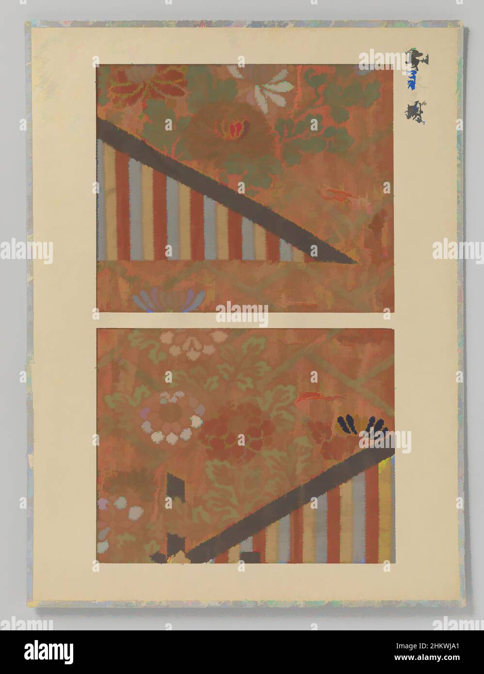 Kunst inspiriert von zwei Fragmenten von Textilien, Textilfragmente, zwei auf einem Blatt, Stickerei auf rotem Fond., Japan, 1772 - 1781, Seide, Höhe 14,5 cm × Breite 17,3 cm × Höhe 13,7 cm × Breite 17,5 cm, Klassische Werke von Artotop mit einem Schuss Moderne modernisiert. Formen, Farbe und Wert, auffällige visuelle Wirkung auf Kunst. Emotionen durch Freiheit von Kunstwerken auf zeitgemäße Weise. Eine zeitlose Botschaft, die eine wild kreative neue Richtung verfolgt. Künstler, die sich dem digitalen Medium zuwenden und die Artotop NFT erschaffen Stockfoto