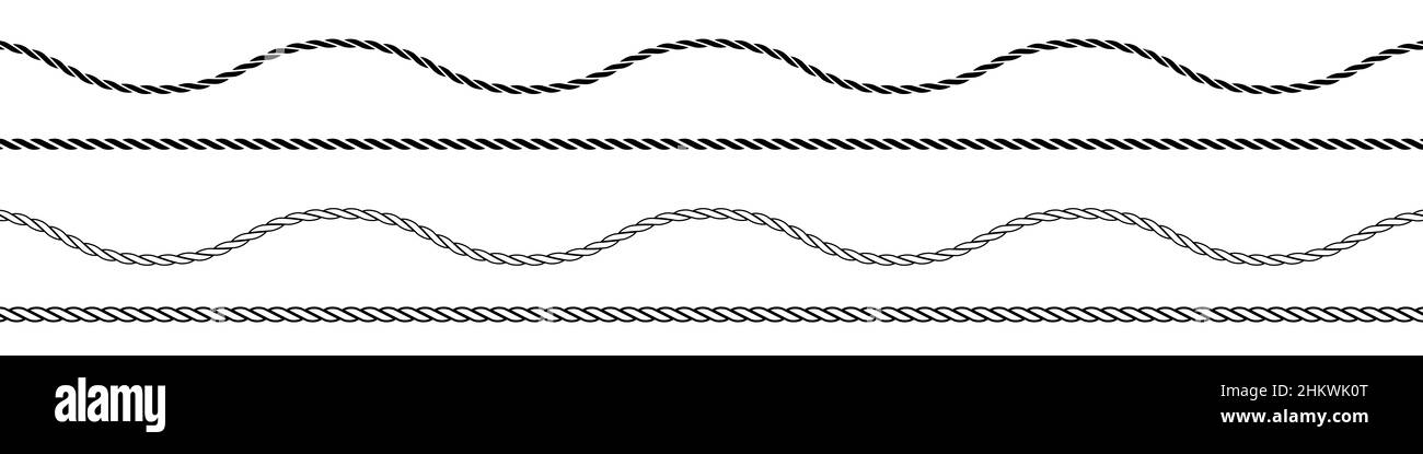 Gerades und welliges Seil, schwarz monochrome Silhouette und Umriss. Flache Abbildung isoliert auf weißem Hintergrund. Stockfoto