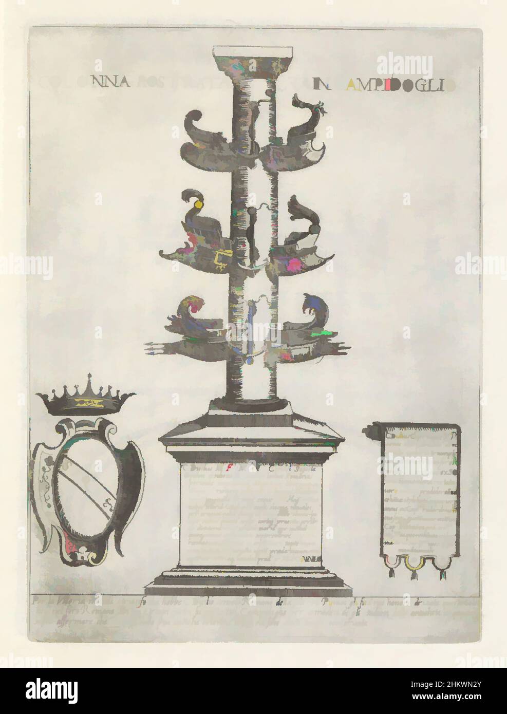 Kunst inspiriert von Colonna rostrata, Colonna rostrata in Campidoglio, modernen und antiken Monumenten und Strukturen in Rom (Serientitel), Ornamenti di fabriche antigi et moderni dell' alma Citta di Roma (Serientitel), Einer colonna rostrata (Siegessäule), die an eine gewonnene Seeschlacht erinnert, Klassische Werke, die von Artotop mit einem Hauch von Moderne modernisiert wurden. Formen, Farbe und Wert, auffällige visuelle Wirkung auf Kunst. Emotionen durch Freiheit von Kunstwerken auf zeitgemäße Weise. Eine zeitlose Botschaft, die eine wild kreative neue Richtung verfolgt. Künstler, die sich dem digitalen Medium zuwenden und die Artotop NFT erschaffen Stockfoto