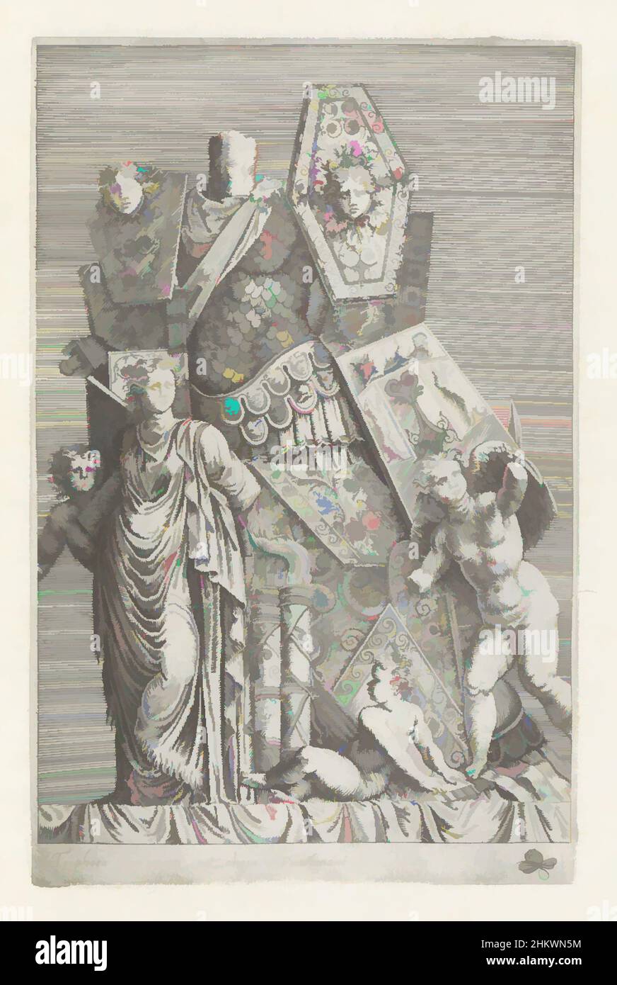 Kunst inspiriert von der Trophäe der Waffen, einer weiblichen Figur und Engeln, Tropoea marmorea ut aliqui existiman (...), Antike Skulpturen in Rom (Serientitel), Antiquum statuarum urbis Romae quae in publicis locis visuntur icones (Serientitel), lateinische Bildunterschrift. Print ist Teil eines Albums., Print, Classic Works modernisiert von Artotop mit einem Schuss Moderne. Formen, Farbe und Wert, auffällige visuelle Wirkung auf Kunst. Emotionen durch Freiheit von Kunstwerken auf zeitgemäße Weise. Eine zeitlose Botschaft, die eine wild kreative neue Richtung verfolgt. Künstler, die sich dem digitalen Medium zuwenden und die Artotop NFT erschaffen Stockfoto