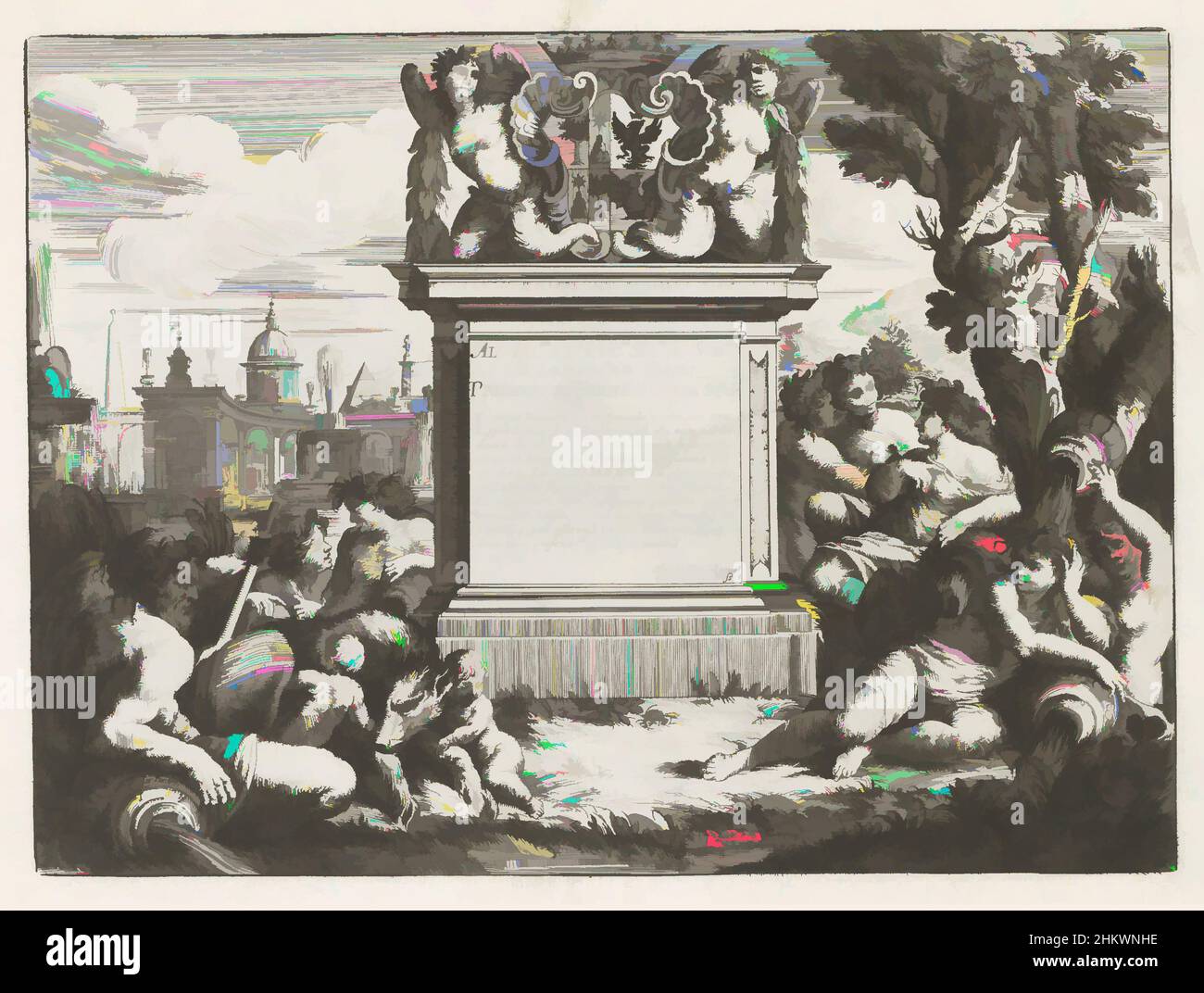 Kunst inspiriert von Befehl und Wappen von Agostino Chigi und Ansicht von Rom, Fontane di Roma (Serientitel), Brunnen von Rom (Serientitel), in der Mitte ein Sockel mit einem Befehl an und das Wappen des Bankiers Agostino Chigi. Im Vordergrund Romulus und Remus mit dem Wolf, Classic Works modernisiert von Artotop mit einem Schuss Moderne. Formen, Farbe und Wert, auffällige visuelle Wirkung auf Kunst. Emotionen durch Freiheit von Kunstwerken auf zeitgemäße Weise. Eine zeitlose Botschaft, die eine wild kreative neue Richtung verfolgt. Künstler, die sich dem digitalen Medium zuwenden und die Artotop NFT erschaffen Stockfoto