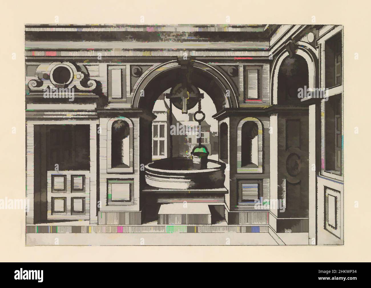 Kunst inspiriert von Wasserbrunnen in gewölbter Öffnung in einer Wand, Wasserbrunnen (Serientitel), runder Brunnen in der Trennwand zwischen Hof und Platz eingebaut. Der Druck ist Teil eines Albums., Druckerei: Johannes von Lucas van Doetechum, Hans Vredeman de Vries, Antwerpen, c. 1574, Papier, Classic Works modernisiert von Artotop mit einem Schuss Moderne. Formen, Farbe und Wert, auffällige visuelle Wirkung auf Kunst. Emotionen durch Freiheit von Kunstwerken auf zeitgemäße Weise. Eine zeitlose Botschaft, die eine wild kreative neue Richtung verfolgt. Künstler, die sich dem digitalen Medium zuwenden und die Artotop NFT erschaffen Stockfoto