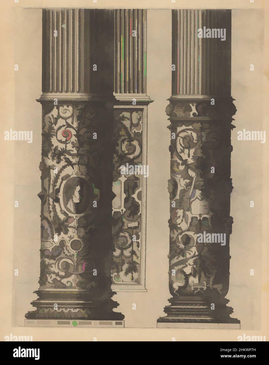 Kunst inspiriert von zwei 'columnae caelatae', im korinthischen und Composite Order, das ander Buech gemacht auff die zway Colonnen, Corinthia und composita (Serientitel), zwei 'columnae caelatae im korinthischen und Composite Order, verziert mit Grotesken, Girlanden und grünen Reben. Auf, Classic Works modernisiert von Artotop mit einem Schuss Moderne. Formen, Farbe und Wert, auffällige visuelle Wirkung auf Kunst. Emotionen durch Freiheit von Kunstwerken auf zeitgemäße Weise. Eine zeitlose Botschaft, die eine wild kreative neue Richtung verfolgt. Künstler, die sich dem digitalen Medium zuwenden und die Artotop NFT erschaffen Stockfoto