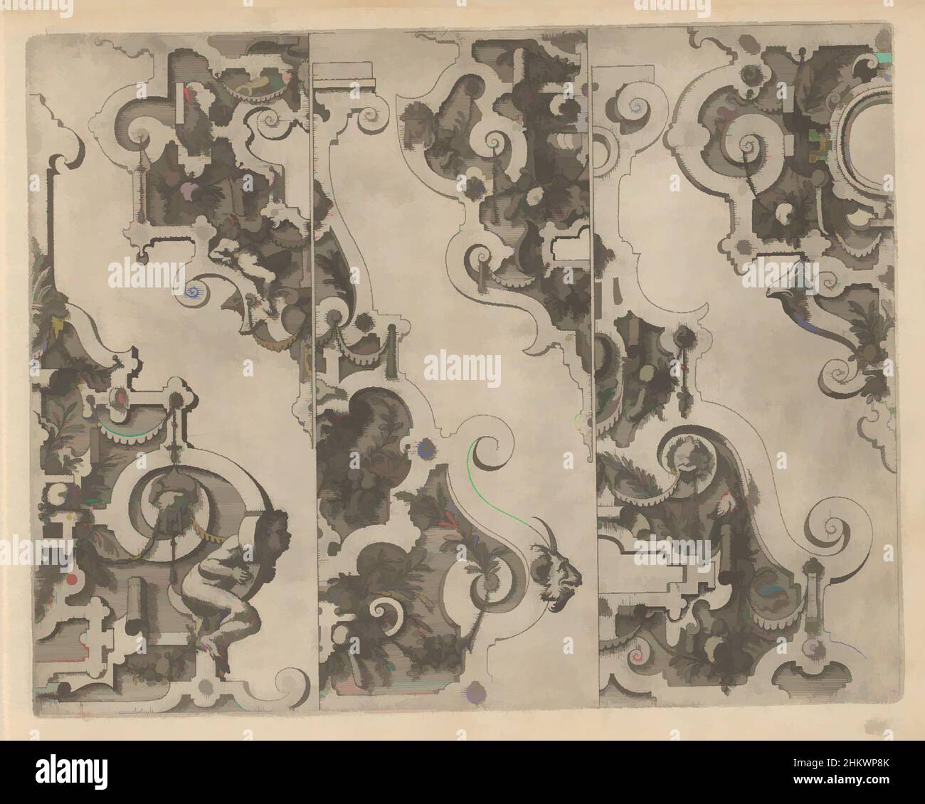 Kunst inspiriert von drei Krallenstücken und drei Brunnenfüllungen, das ander Buech gemacht auff die zway Colonnen, Corinthia und composita (Serientitel), drei Segmenten mit drei Halb-Krallenstücken und drei Halb-Brunnenfüllungen, verziert mit Hardware, Grotesken und Girlanden. Der Druck ist Teil von Classic Works, die von Artotop mit einem Schuss Moderne modernisiert wurden. Formen, Farbe und Wert, auffällige visuelle Wirkung auf Kunst. Emotionen durch Freiheit von Kunstwerken auf zeitgemäße Weise. Eine zeitlose Botschaft, die eine wild kreative neue Richtung verfolgt. Künstler, die sich dem digitalen Medium zuwenden und die Artotop NFT erschaffen Stockfoto