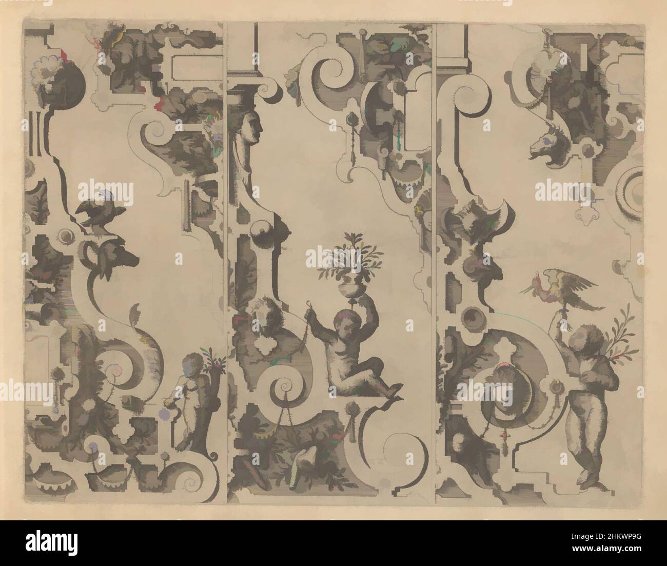 Kunst inspiriert von drei Krallenstücken und drei Seilen, das ander Buech gemacht auff die zway Colonnen, Corinthia und composita (Serientitel), drei Segmenten mit insgesamt drei Halb-Krallen-Stücken und drei Halb-Seilen, verziert mit Kartuschen, Hardware, Grotesken und Girlanden. An jedem Clawpiece werden von Artotop modernisierte Classic Works mit einem Schuss Moderne gestaltet. Formen, Farbe und Wert, auffällige visuelle Wirkung auf Kunst. Emotionen durch Freiheit von Kunstwerken auf zeitgemäße Weise. Eine zeitlose Botschaft, die eine wild kreative neue Richtung verfolgt. Künstler, die sich dem digitalen Medium zuwenden und die Artotop NFT erschaffen Stockfoto