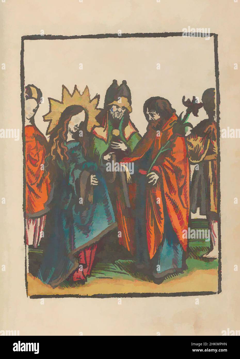 Kunst inspiriert von der Ehe von Maria und Joseph, Mute Passion (Serientitel), Maria und Joseph werden vom Hohepriester verheiratet. Sie halten sich gegenseitig die Hand, die der Hohepriester mit einer Bande umhüllt. Print ist Teil eines Buches., Druckerei:, Jacob Cornelisz van Oostsanen, Amsterdam, c. 1530, Papier, Classic Works modernisiert von Artotop mit einem Schuss Moderne. Formen, Farbe und Wert, auffällige visuelle Wirkung auf Kunst. Emotionen durch Freiheit von Kunstwerken auf zeitgemäße Weise. Eine zeitlose Botschaft, die eine wild kreative neue Richtung verfolgt. Künstler, die sich dem digitalen Medium zuwenden und die Artotop NFT erschaffen Stockfoto