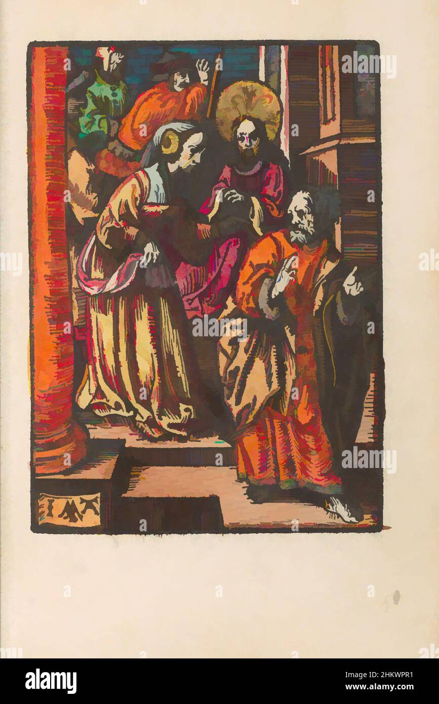 Kunst inspiriert von Denial of Peter, The Little Passion (Serientitel), Stupid Passion (Serientitel) zeigt Eine Frau auf Petrus und fragt, ob er nicht auch Christus angehört. Petrus bestreitet dies. Im Hintergrund sieht Christus mit gefesselten Händen weiter. Print ist Teil eines Buches., Druckerei, Classic Works modernisiert von Artotop mit einem Schuss Moderne. Formen, Farbe und Wert, auffällige visuelle Wirkung auf Kunst. Emotionen durch Freiheit von Kunstwerken auf zeitgemäße Weise. Eine zeitlose Botschaft, die eine wild kreative neue Richtung verfolgt. Künstler, die sich dem digitalen Medium zuwenden und die Artotop NFT erschaffen Stockfoto