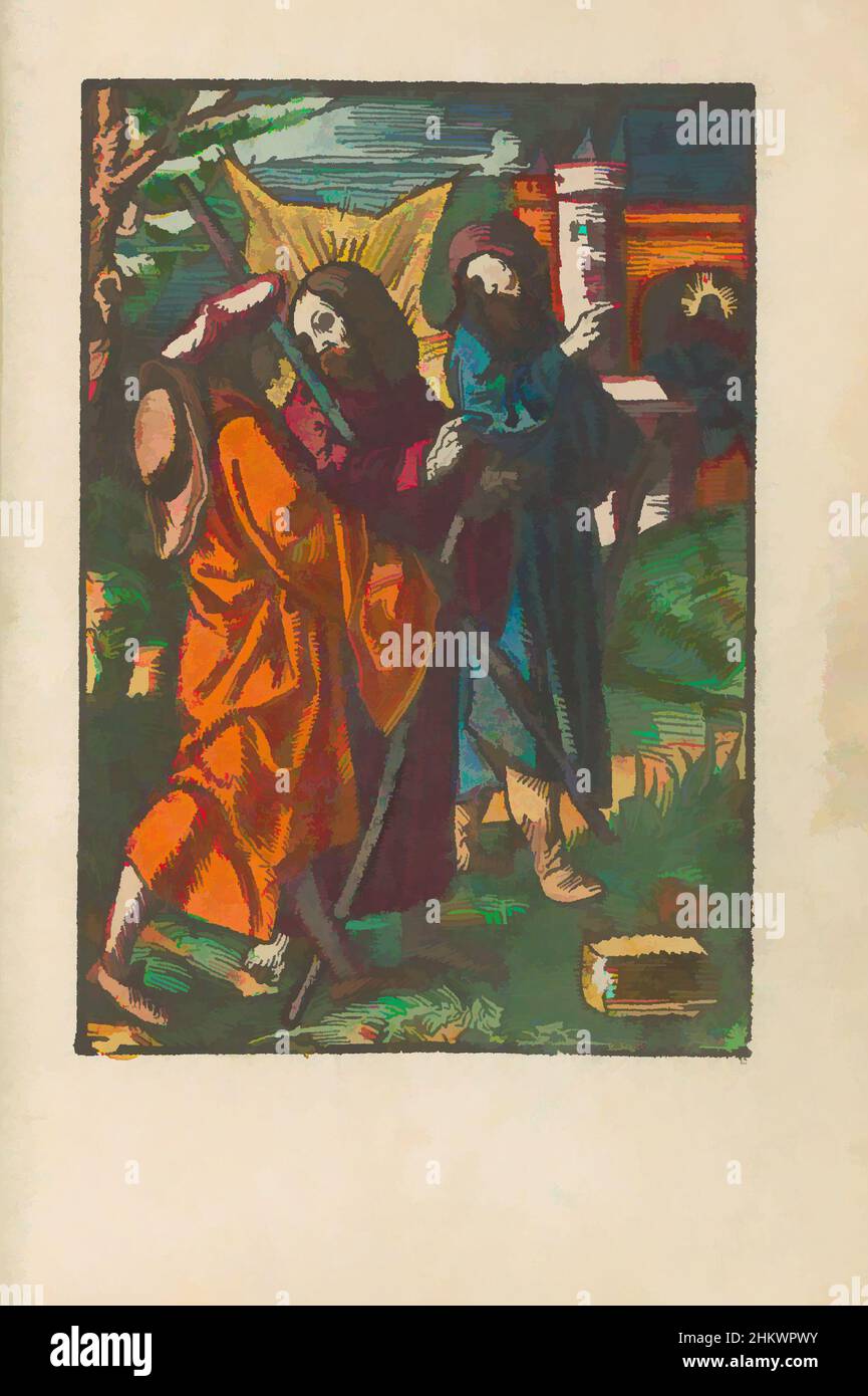 Kunst inspiriert von Emmaus Pilgern, die kleine Passion (Serientitel), dumme Passion (Serientitel) trifft der auferstandene Christus zwei Jünger und geht mit ihnen ins Dorf Emmaus. Sie erkennen Christus nicht. Einer der Männer weist auf das Dorf Emmaus hin. Print ist Teil eines Buches, Classic Works modernisiert von Artotop mit einem Schuss Moderne. Formen, Farbe und Wert, auffällige visuelle Wirkung auf Kunst. Emotionen durch Freiheit von Kunstwerken auf zeitgemäße Weise. Eine zeitlose Botschaft, die eine wild kreative neue Richtung verfolgt. Künstler, die sich dem digitalen Medium zuwenden und die Artotop NFT erschaffen Stockfoto