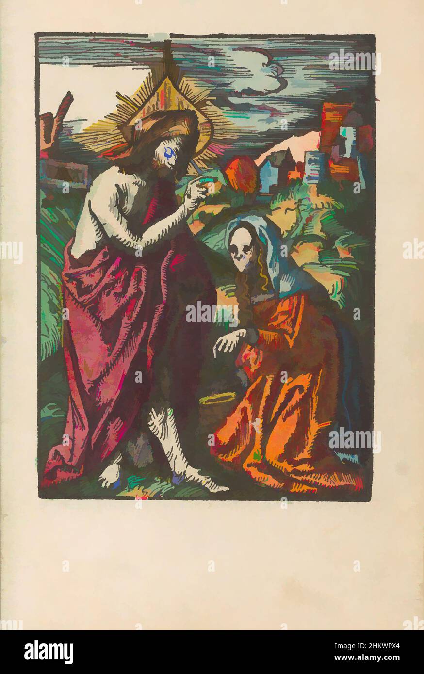 Kunst inspiriert von Christus erscheint als Gärtner zu Maria Magdalena (Noli me tangere), die kleine Passion (Serientitel), dumm Passion (Serientitel), der auferstandene Christus erscheint zu Maria Magdalena (Noli me tangere). Sie kniet vor ihm nieder und denkt zunächst, er sei der Gärtner. Christ hält eine, klassische Werke, die von Artotop mit einem Schuss Moderne modernisiert wurden. Formen, Farbe und Wert, auffällige visuelle Wirkung auf Kunst. Emotionen durch Freiheit von Kunstwerken auf zeitgemäße Weise. Eine zeitlose Botschaft, die eine wild kreative neue Richtung verfolgt. Künstler, die sich dem digitalen Medium zuwenden und die Artotop NFT erschaffen Stockfoto