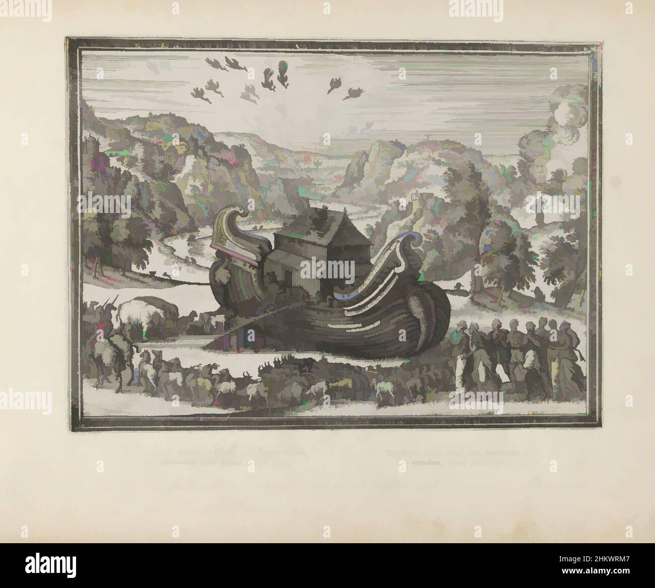 Die von Noah inspirierte Kunst brettet die Arche mit seiner Familie und den Tieren, Dispositio provida, Emblemata Sacra è praecipuis utriusque testamenti historiis concinnata (Altes Testament) (Serientitel), Imagines et figurae bibliorum (Serientitel), Eine Prozession von Tieren dringt in die Arche ein. Über dem, Classic Works modernisiert von Artotop mit einem Schuss Moderne. Formen, Farbe und Wert, auffällige visuelle Wirkung auf Kunst. Emotionen durch Freiheit von Kunstwerken auf zeitgemäße Weise. Eine zeitlose Botschaft, die eine wild kreative neue Richtung verfolgt. Künstler, die sich dem digitalen Medium zuwenden und die Artotop NFT erschaffen Stockfoto