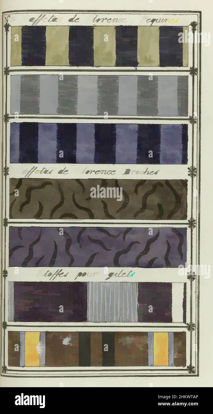 Kunst inspiriert von Le Mois, Journal historique, littéraire et critique, avec figures, Tome IV, Nr. 12, an.8: Taffetas de Florence, Muster von Stoffen aus Florenz: Taffetas de Florence, Pequinés, Taffetas de Florence Brochés, Etoffes pour Gilets. Druck aus der Zeitschrift Le mois : Journal, Classic Works modernisiert von Artotop mit einem Schuss Moderne. Formen, Farbe und Wert, auffällige visuelle Wirkung auf Kunst. Emotionen durch Freiheit von Kunstwerken auf zeitgemäße Weise. Eine zeitlose Botschaft, die eine wild kreative neue Richtung verfolgt. Künstler, die sich dem digitalen Medium zuwenden und die Artotop NFT erschaffen Stockfoto