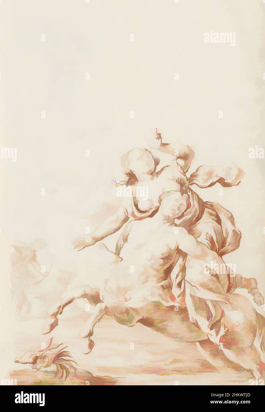 Kunst inspiriert durch den Raub von Hippodamea versucht der Zentaur Eurytus, die Braut Hippodamea auf seinem Rücken zu entführen. Im Hintergrund ein Mann mit Pfeil und Bogen, der den Zentaur in den Bauch geschossen hat. Blatt 44 recto aus einem Skizzenbuch mit 63 Blättern, Klassisches Werk, modernisiert von Artotop mit einem Schuss Moderne. Formen, Farbe und Wert, auffällige visuelle Wirkung auf Kunst. Emotionen durch Freiheit von Kunstwerken auf zeitgemäße Weise. Eine zeitlose Botschaft, die eine wild kreative neue Richtung verfolgt. Künstler, die sich dem digitalen Medium zuwenden und die Artotop NFT erschaffen Stockfoto