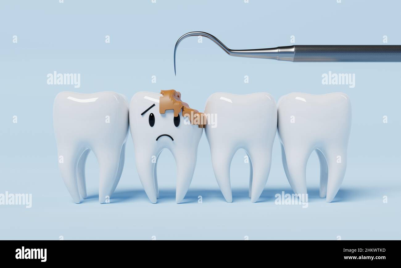 Ungesunde Emotionen Zähne mit Zahnbürste auf blauem Hintergrund. Zahnmedizin und Gesundheitswesen Konzept. 3D Darstellung von Illustrationen Stockfoto