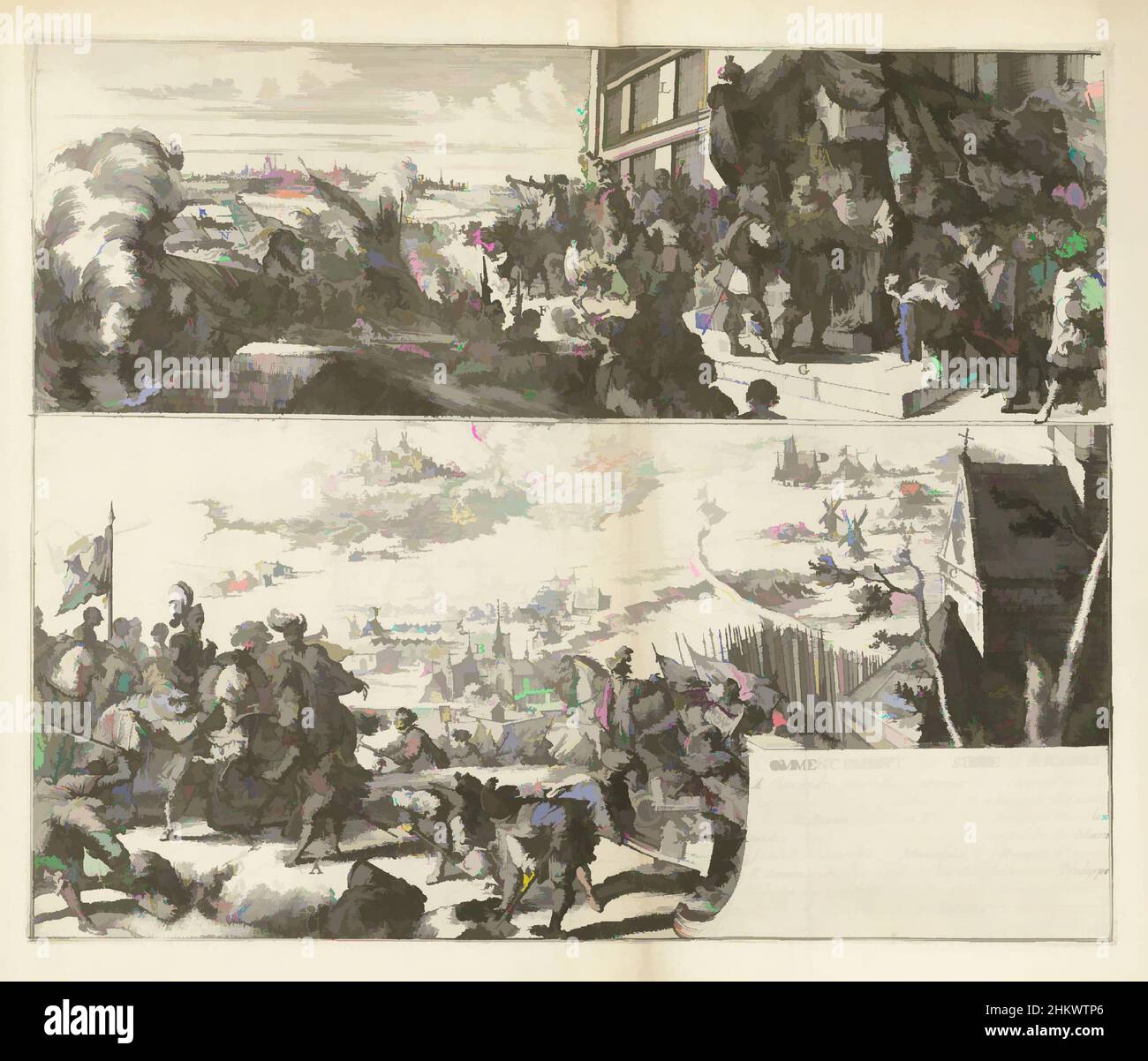 Kunst inspiriert von zwei Darstellungen über die Belagerung von Antwerpen durch den Herzog von Parma, 1584-1585, Commencement du Belagerung d'Anvers, Guerres de Flandres (Serientitel), Blatt mit zwei Darstellungen auf einer Platte. Unten der Beginn der Belagerung von Antwerpen im Juli 1584. Der Herzog von Parma verleiht den von Artotop modernisierten, klassischen Werken einen Hauch von Modernität. Formen, Farbe und Wert, auffällige visuelle Wirkung auf Kunst. Emotionen durch Freiheit von Kunstwerken auf zeitgemäße Weise. Eine zeitlose Botschaft, die eine wild kreative neue Richtung verfolgt. Künstler, die sich dem digitalen Medium zuwenden und die Artotop NFT erschaffen Stockfoto