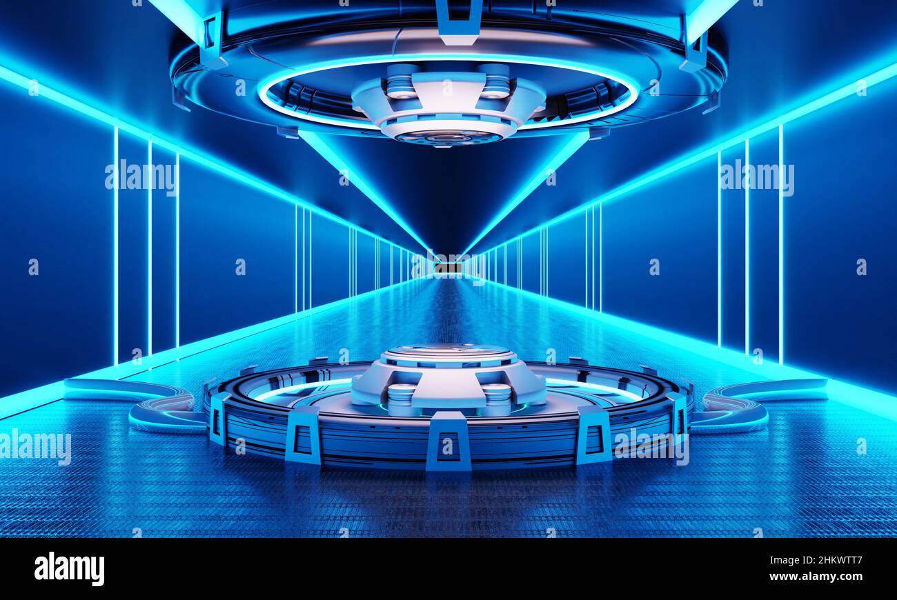 Sci-Fi Produktpodium im Raumschiff mit weißem und blauem Hintergrund. Raumfahrttechnik und Objektkonzept. 3D Darstellung von Illustrationen Stockfoto